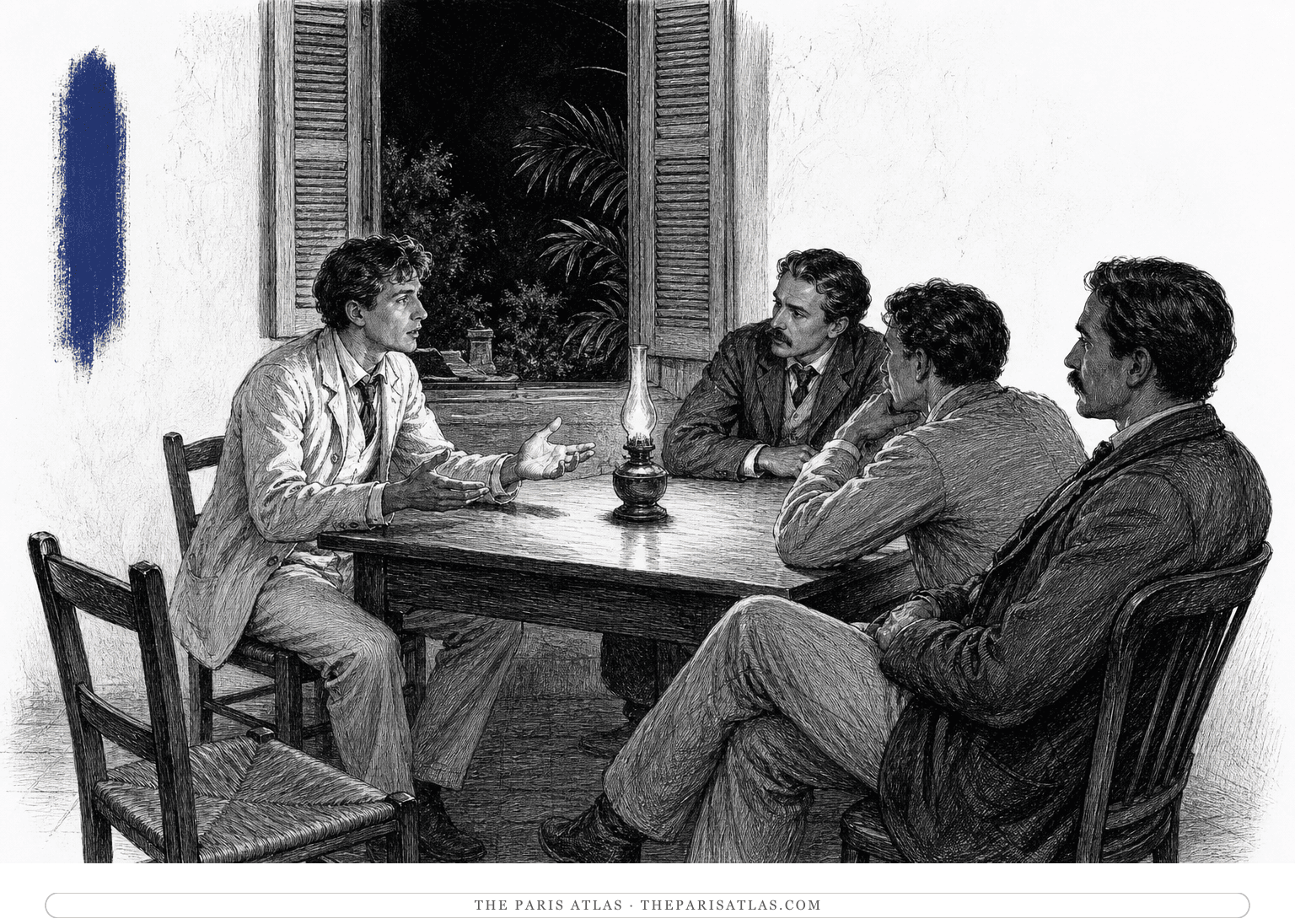 Michel confesses to three friends around a spare North African table beside a vertical indigo brushstroke.