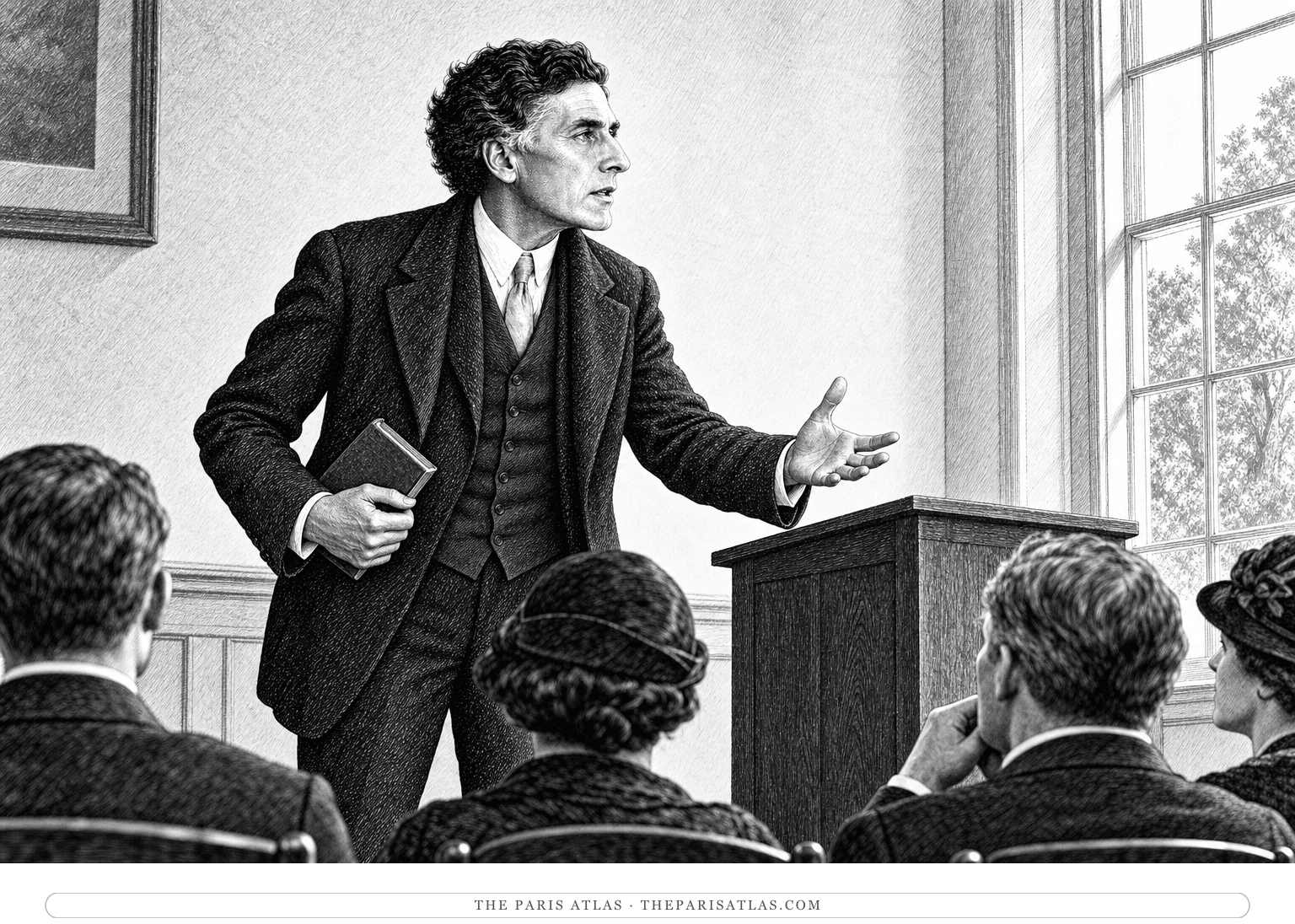 John Cowper Powys speaks animatedly beside a lectern to a small audience in a modest hall.