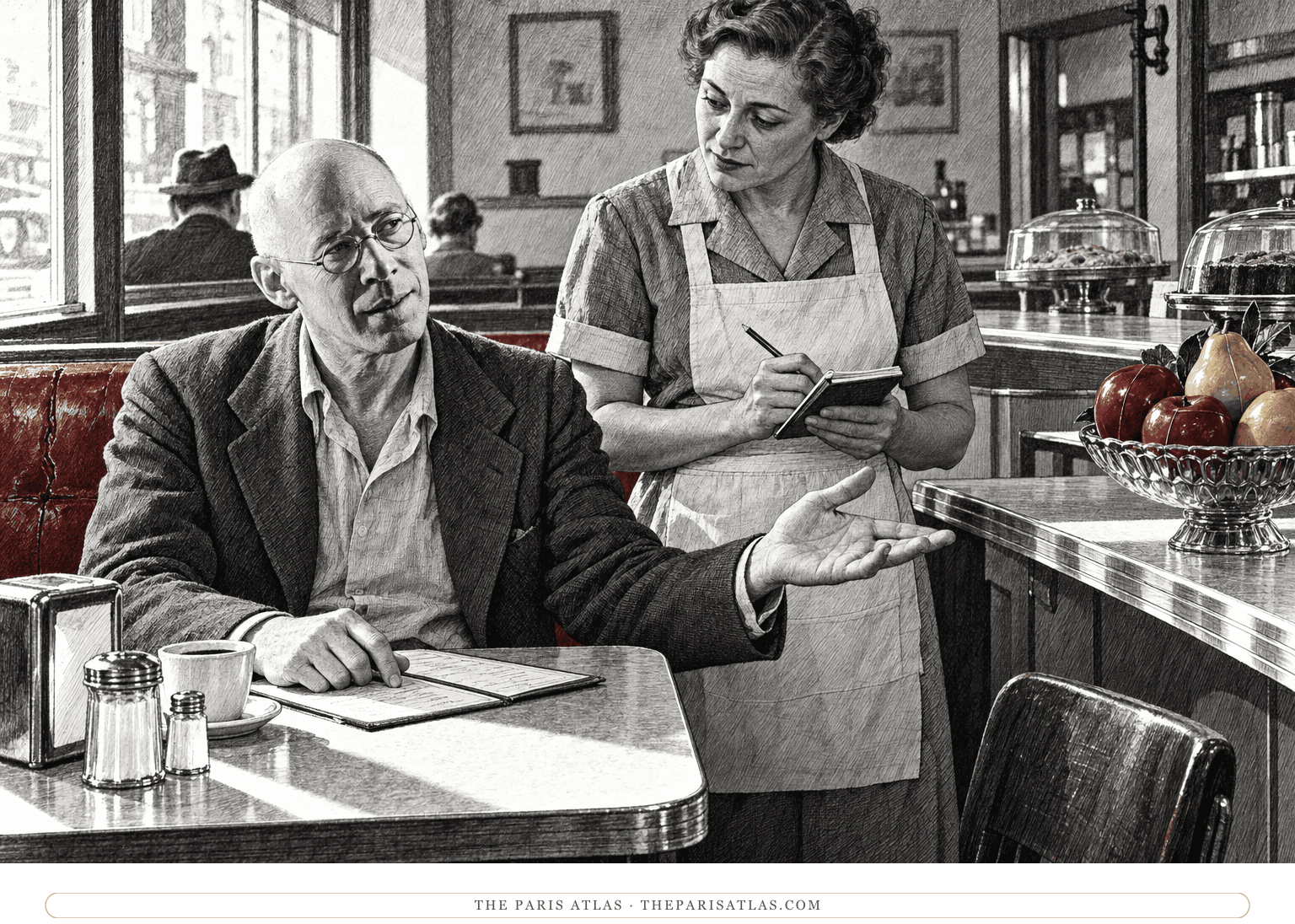 Henry Miller gestures toward a bowl of artificial fruit while speaking with a restaurant server.