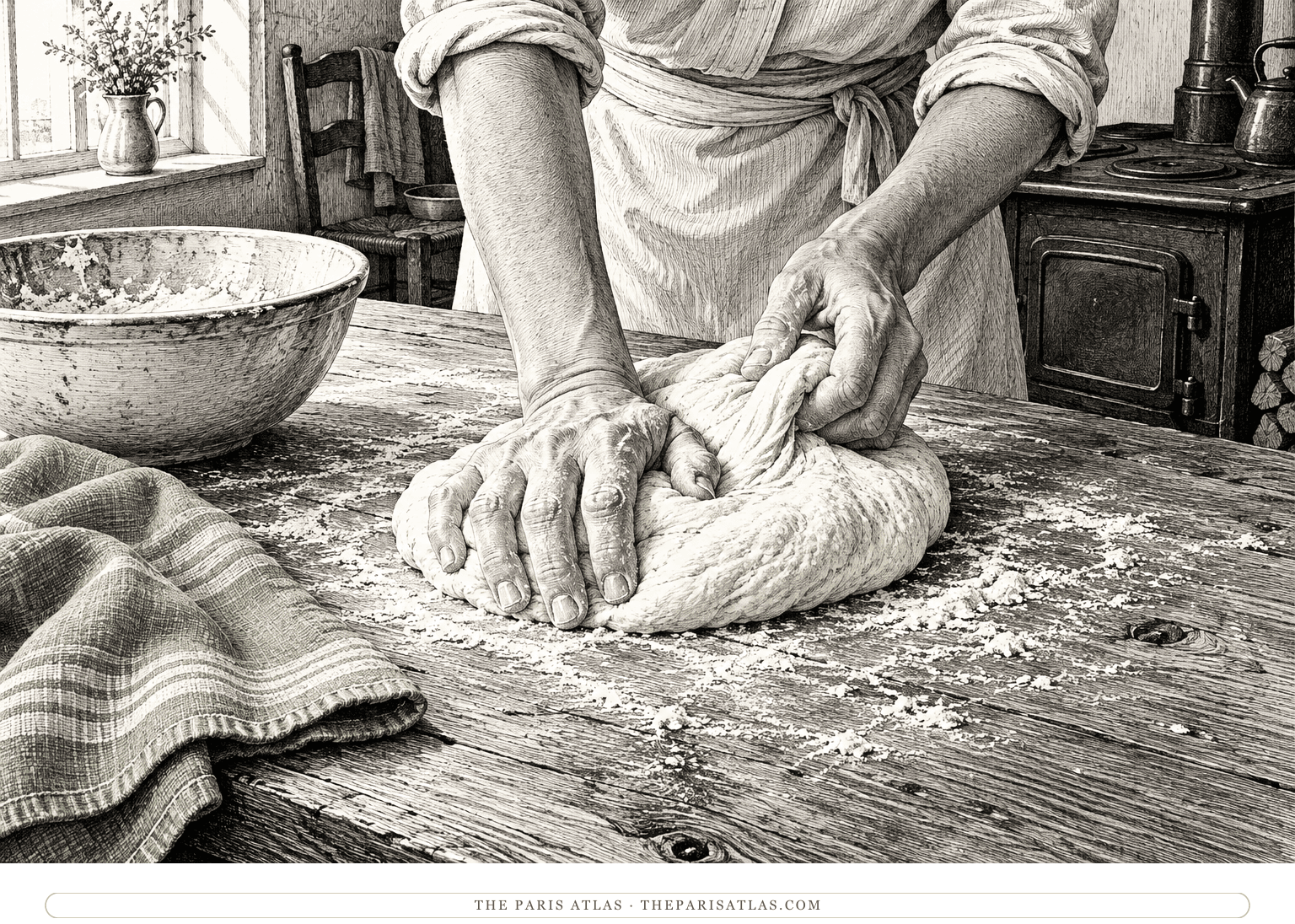 An adult kneads bread dough on a wooden kitchen table beside a flour-dusted bowl and folded towel.