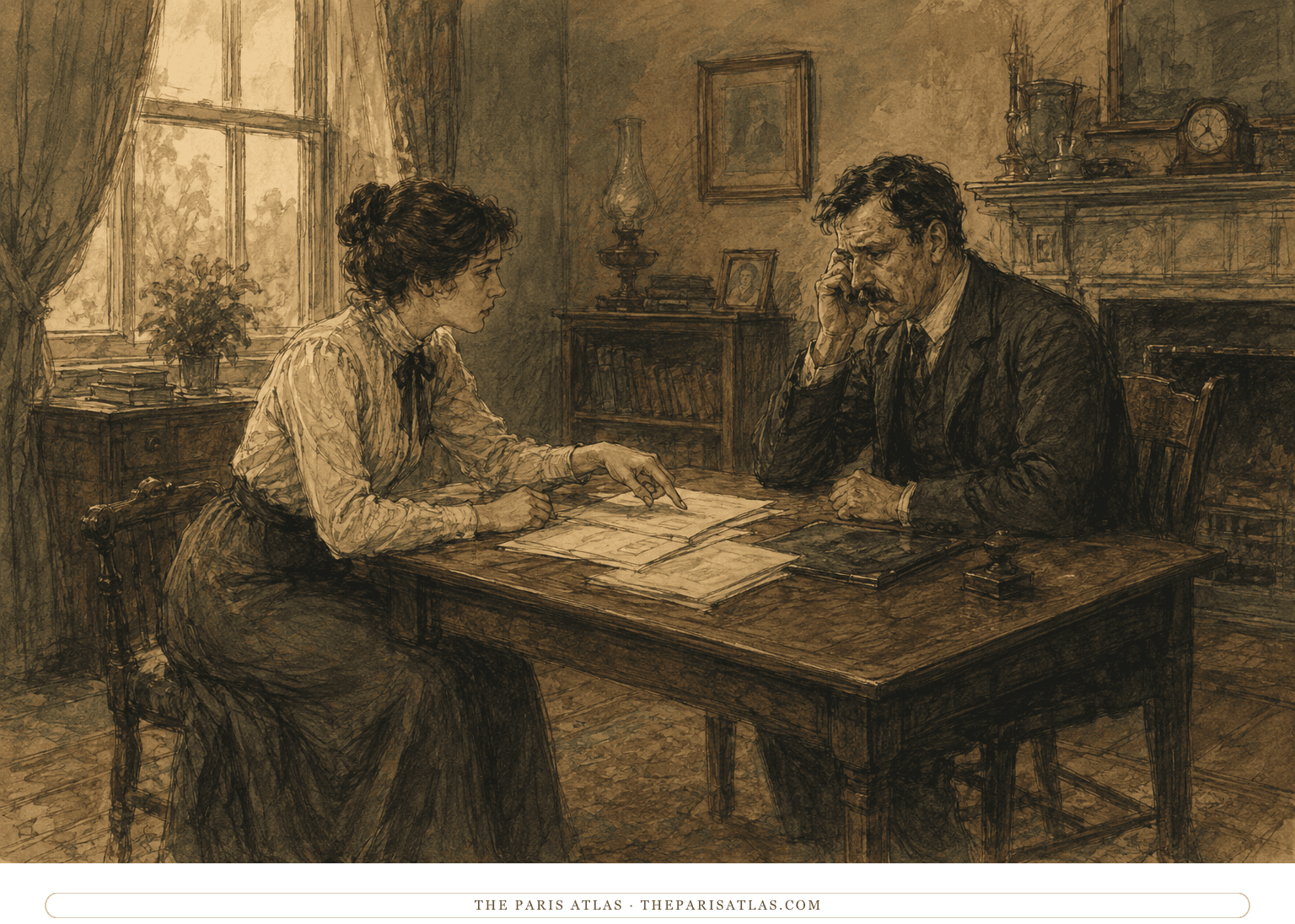 Avis Everhard questions a nervous mill foreman about Jackson's denied compensation in an Edwardian drawing room