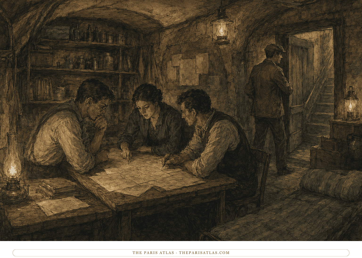 Revolutionary organizers study maps by lamplight inside a hidden refuge beneath an estate