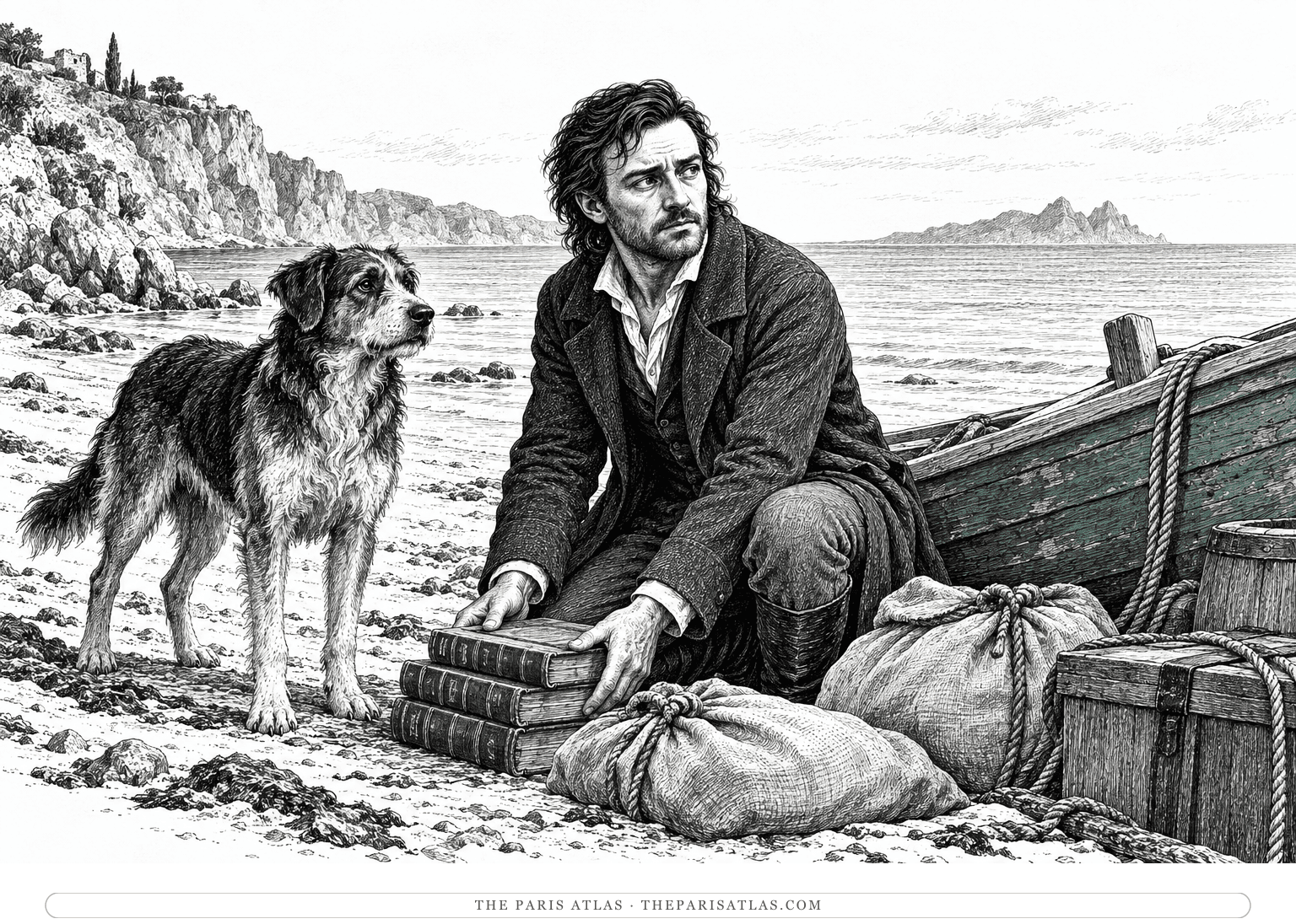 Ink illustration of Lionel Verney loading books and provisions into a small green-hulled boat while a dog waits beside him.