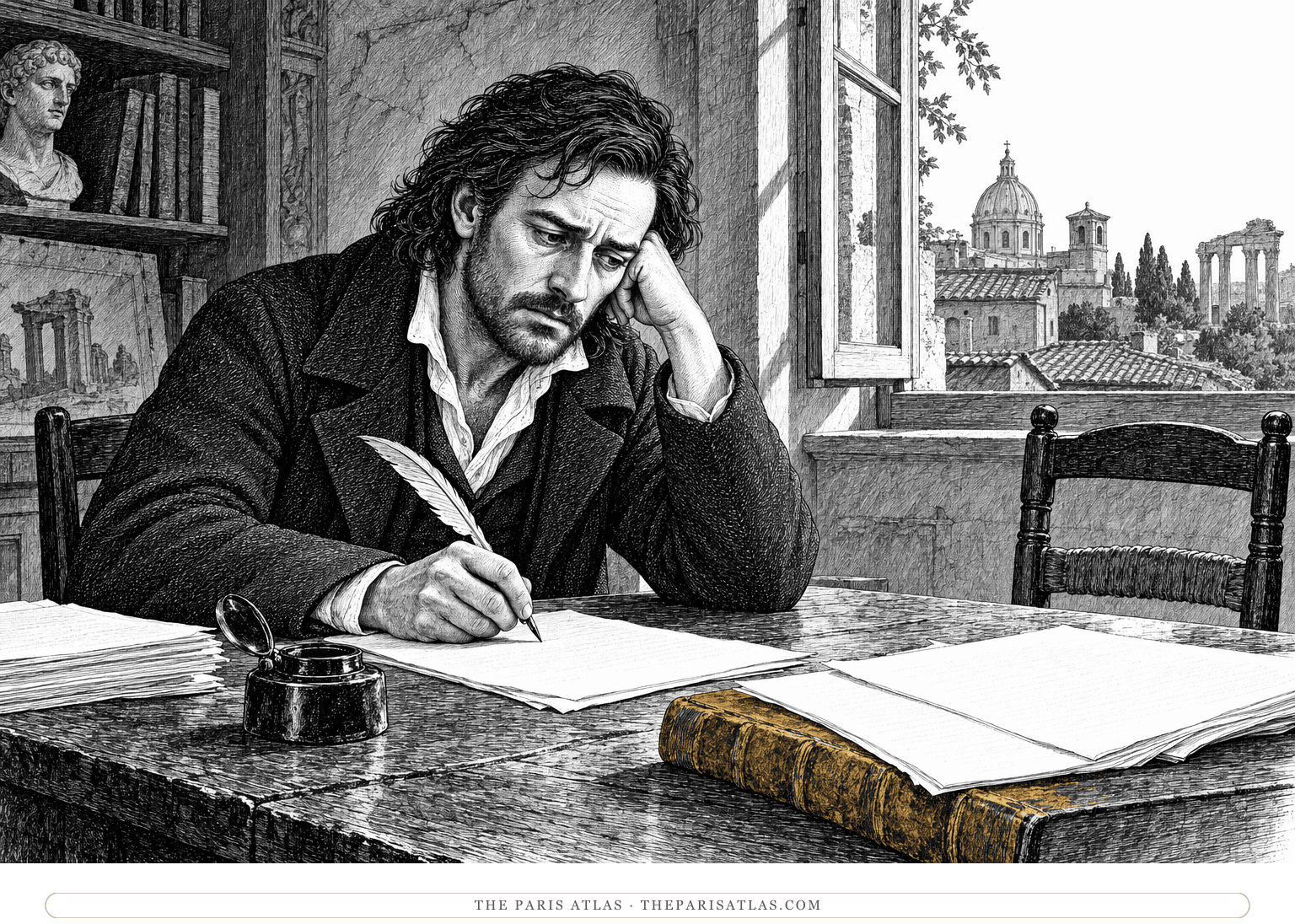 Ink illustration of Lionel Verney writing alone in an abandoned Roman study, with an empty chair opposite and a muted ochre bookbinding on the table.