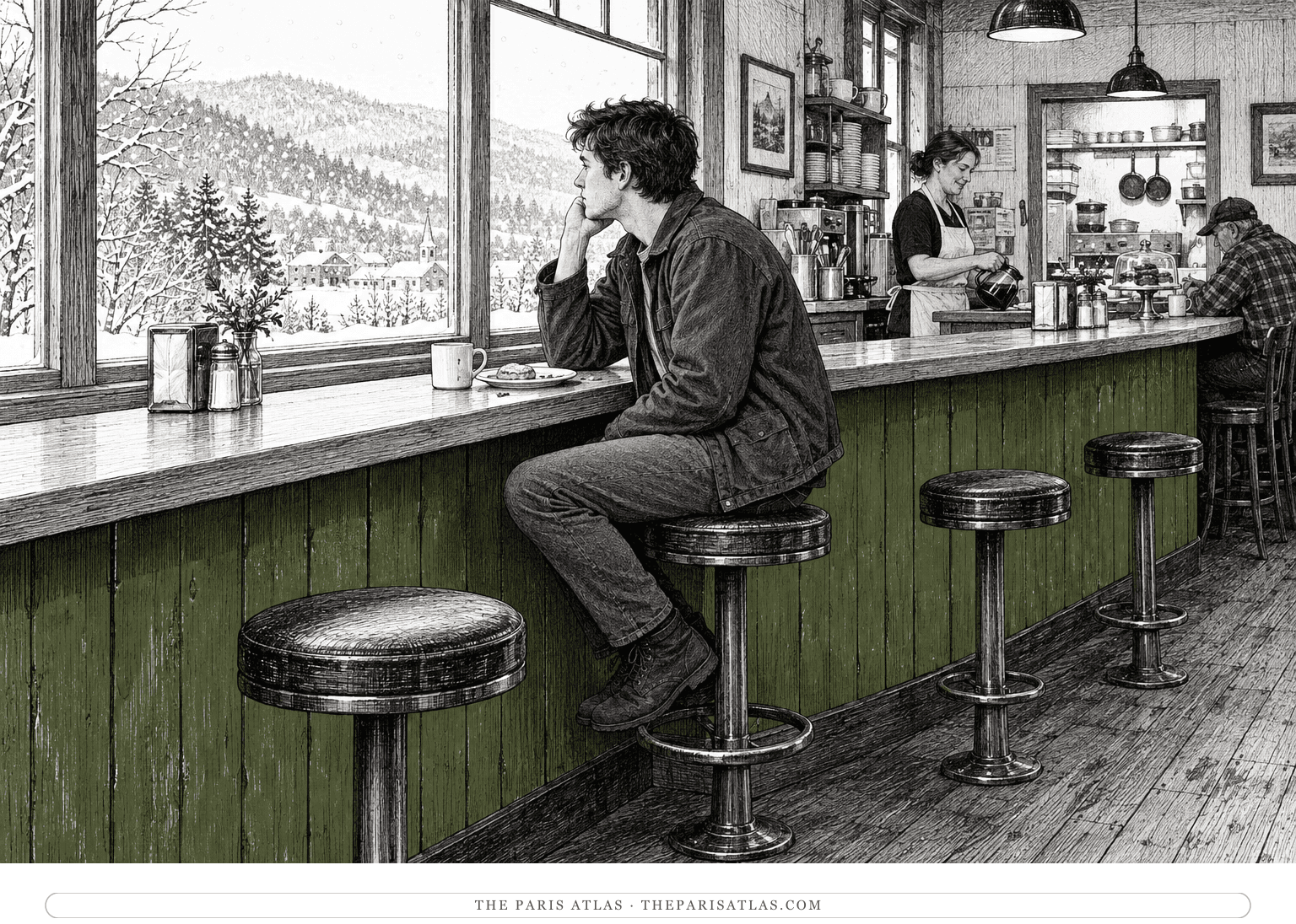A young traveler at a café counter watches snow falling beyond the window.
