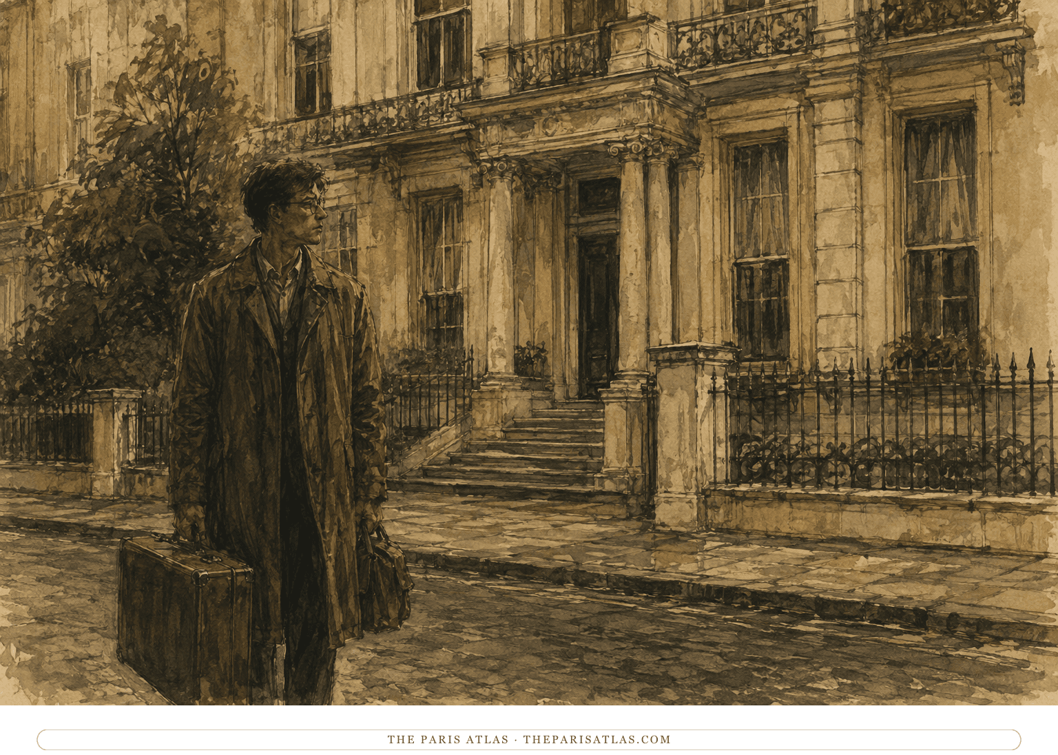 Ink and muted watercolor illustration of a young man with luggage standing outside a grand London townhouse