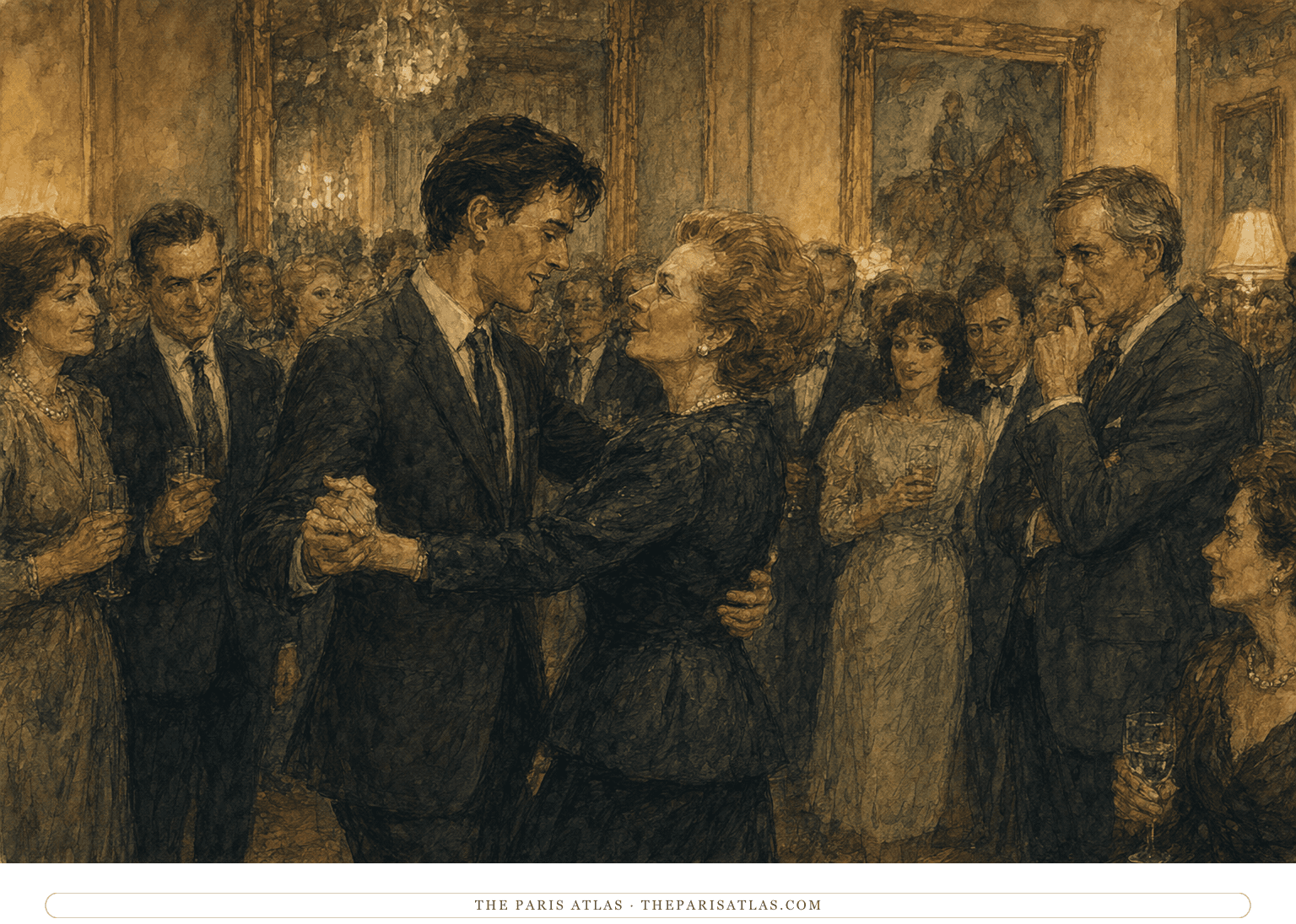 Ink and muted watercolor illustration of a young man dancing with a formally dressed woman at a grand 1980s political party