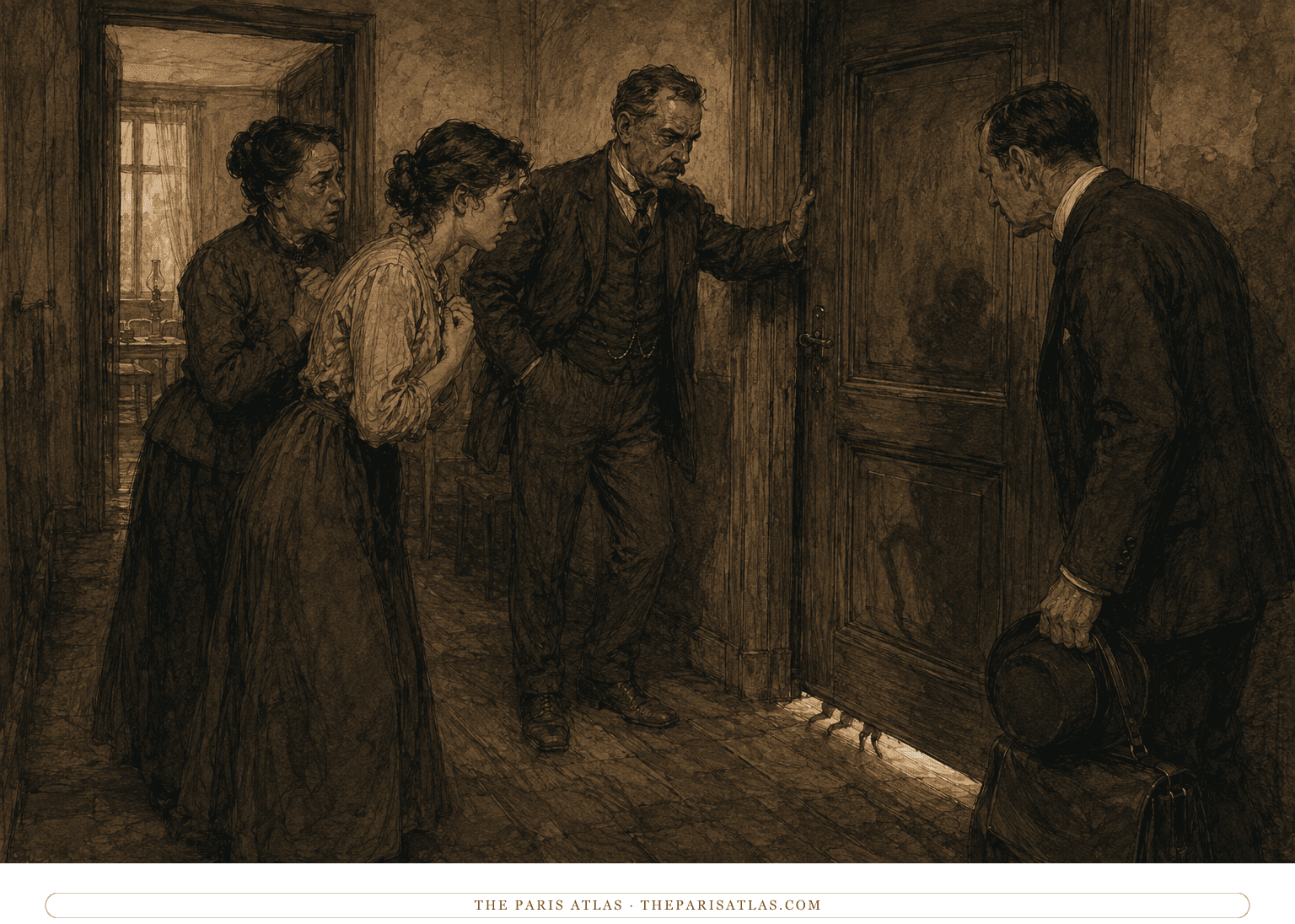 The Samsa family and Gregor’s office manager wait in a dim hallway while an altered shadow falls beneath Gregor’s locked door