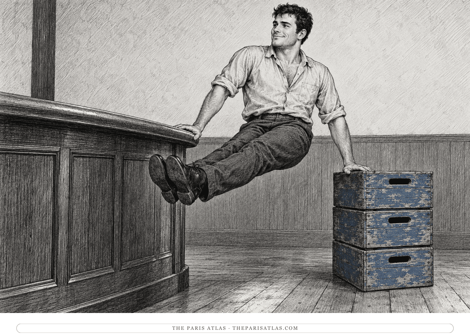An imagined young bartender supports himself between the bar and stacked beer cases, lifting both legs in a showy balancing pose.