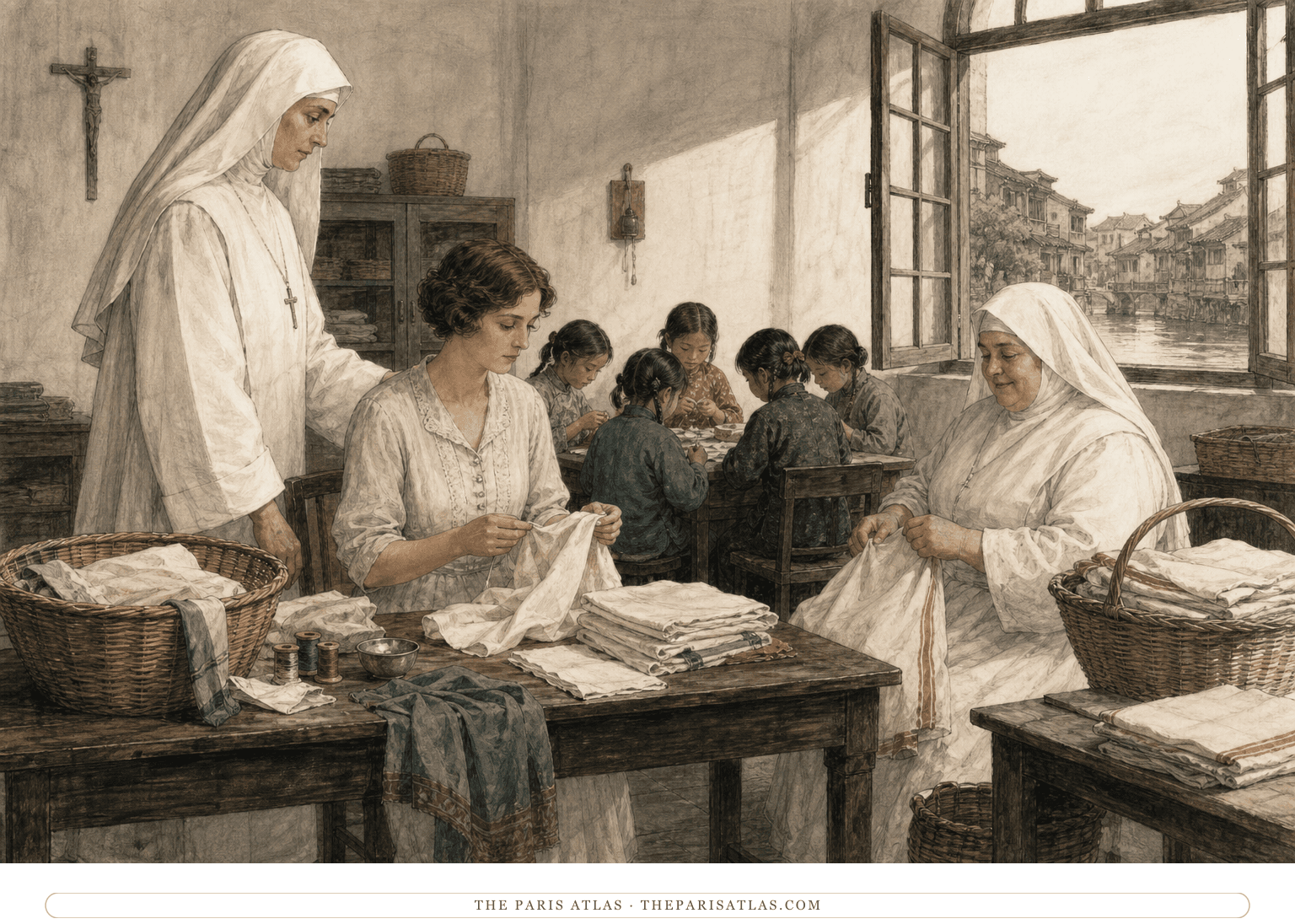 Pen-and-graphite illustration of Kitty sewing linen beside the Mother Superior and Sister St. Joseph while girls work at a table in a sunlit convent room