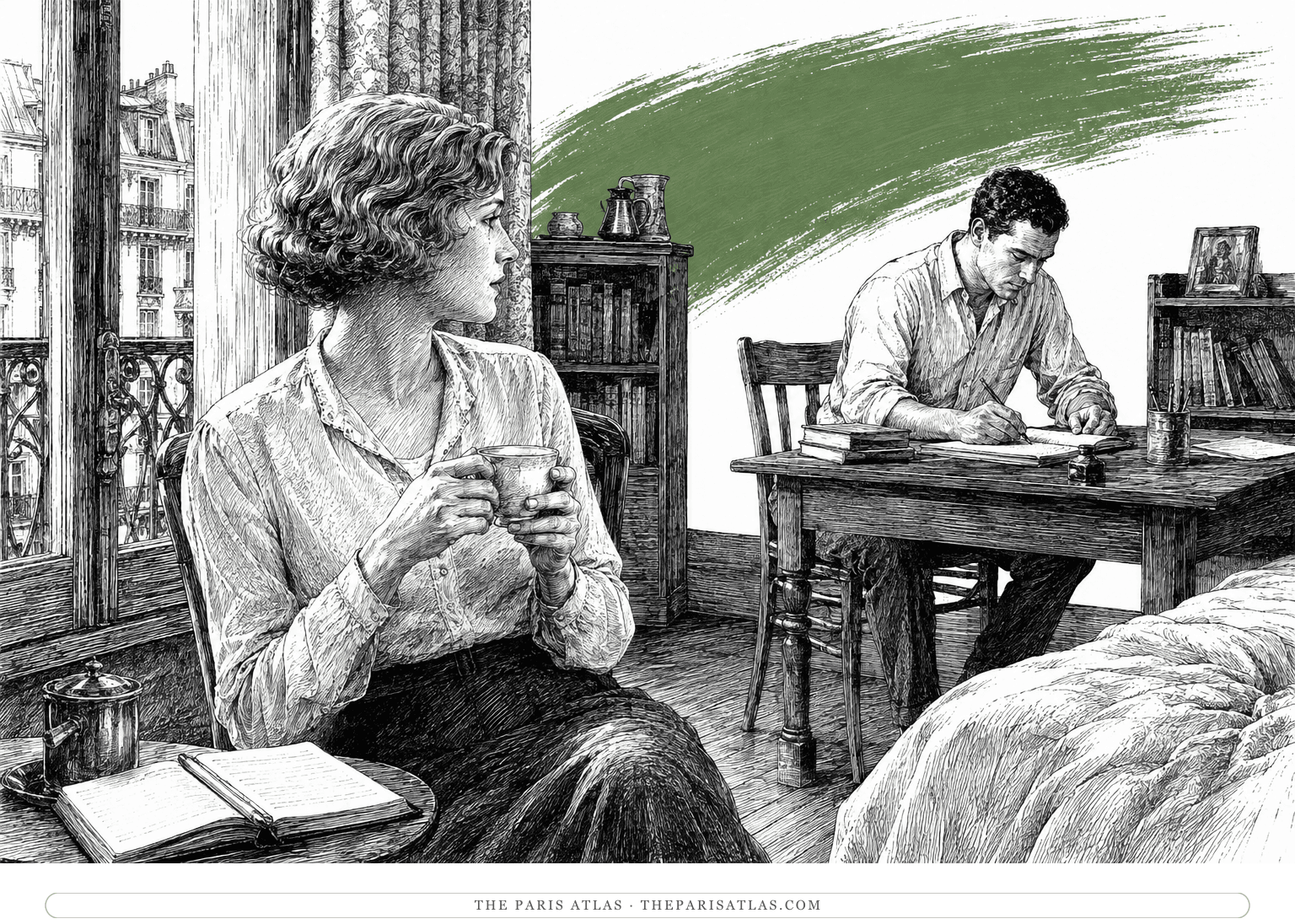 A woman sits with a cup near a window while a young man writes at a table behind her, beneath a moss-green brushstroke.