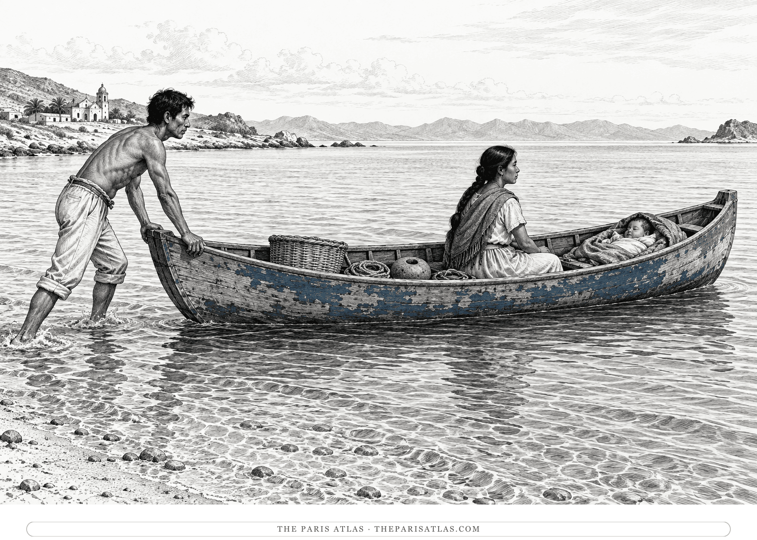 Kino pushes the family canoe into shallow water while Juana sits inside beside their sheltered baby.