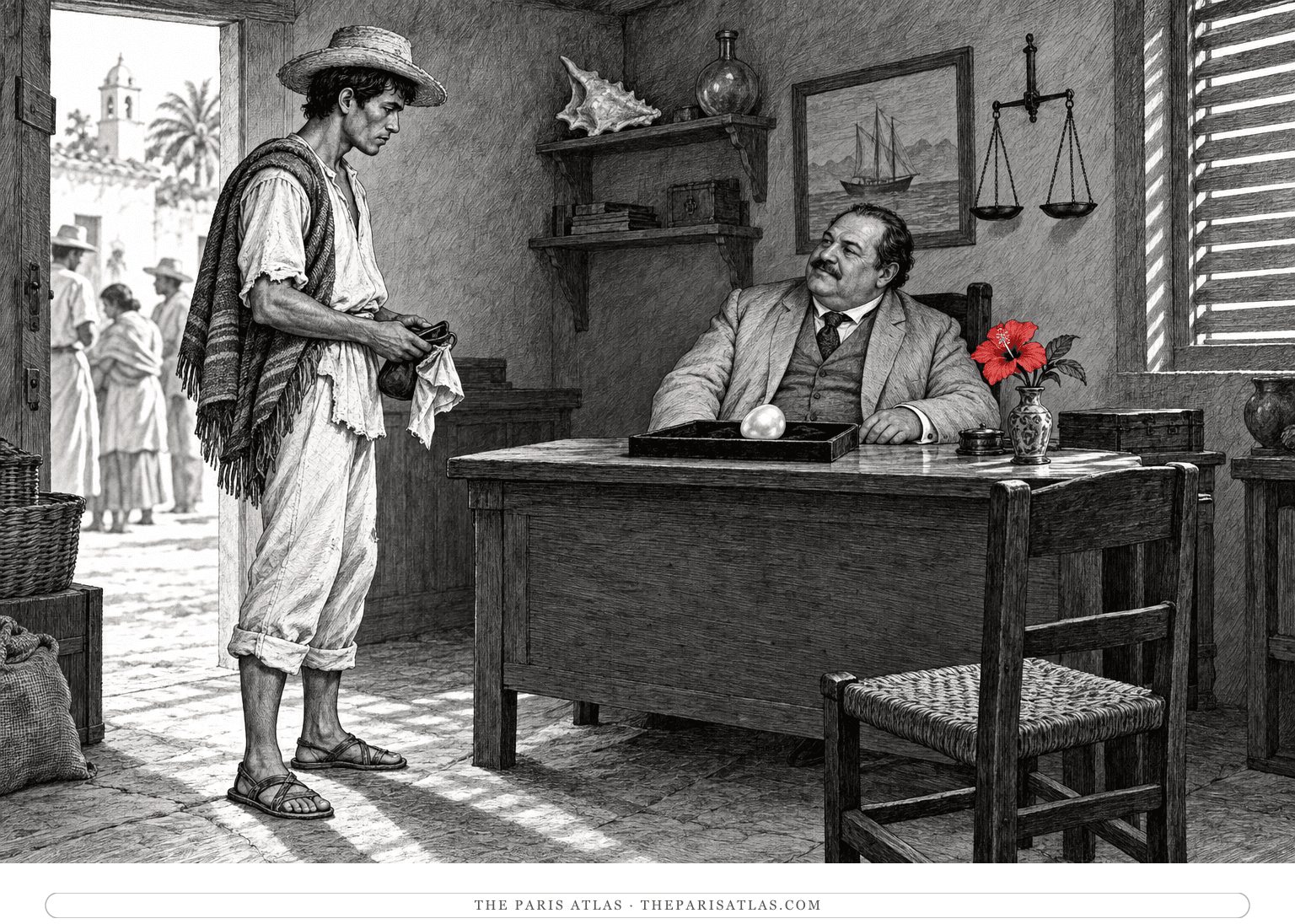 Kino watches a pearl buyer across a desk where the large pearl rests on black velvet beside a red hibiscus.