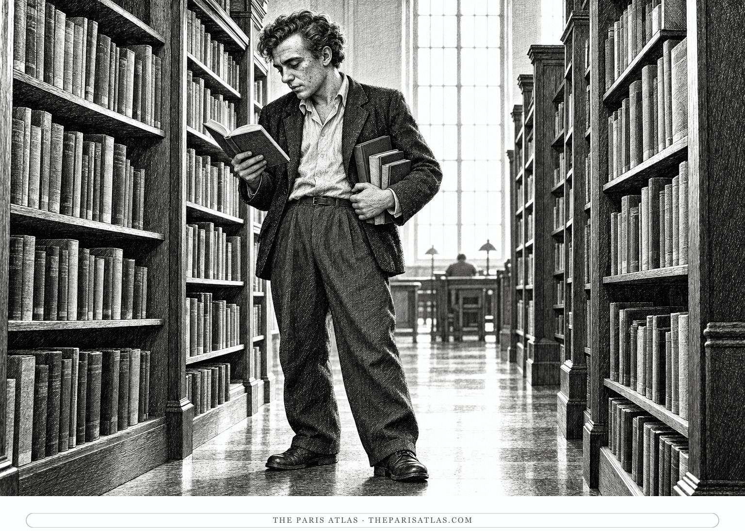 A young Bukowski stands between tall library shelves reading an open book, with several borrowed volumes tucked beneath his arm; one cloth binding is muted green.