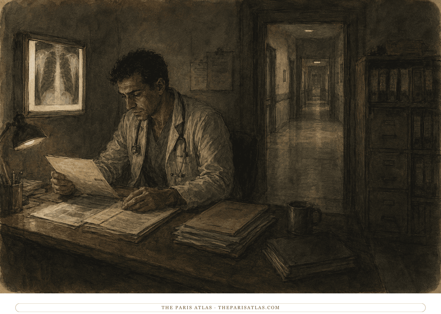 Dr Tarek studies Yehya's altered medical record in an empty hospital office