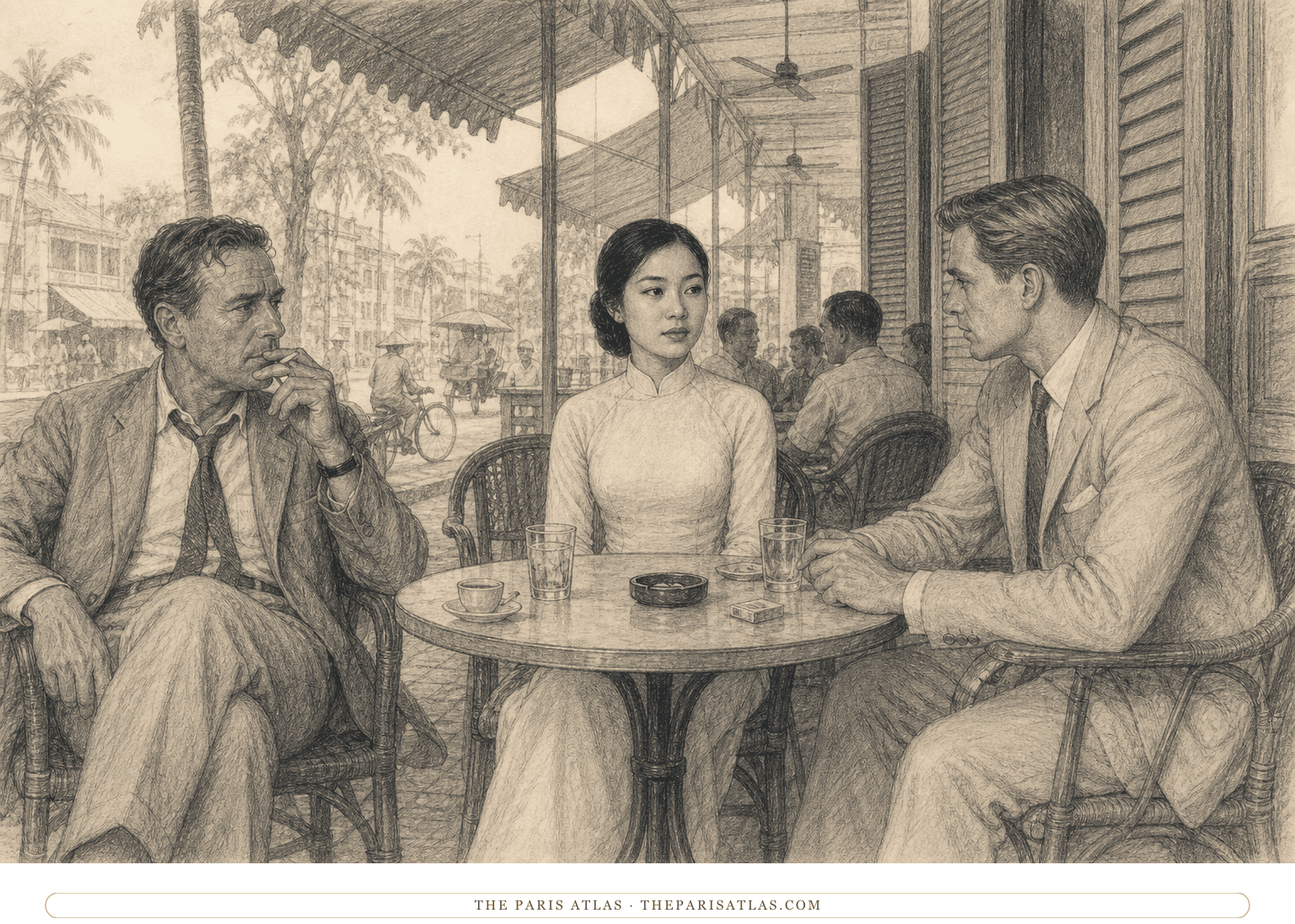 Pen-and-graphite illustration of a composed young Vietnamese woman seated between an older British reporter and a clean-cut young American at an open-air Saigon cafe in the early 1950s
