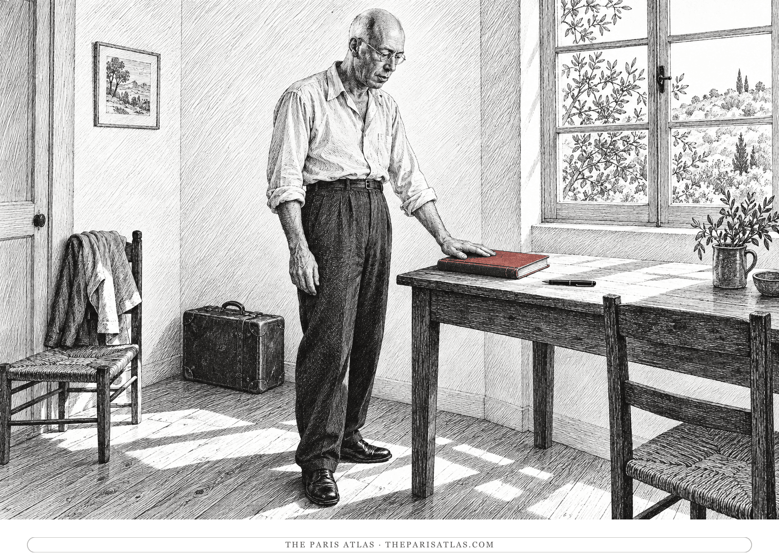 Henry Miller closes a red-covered working notebook beside a small packed case in an imagined Beverly Glen room.