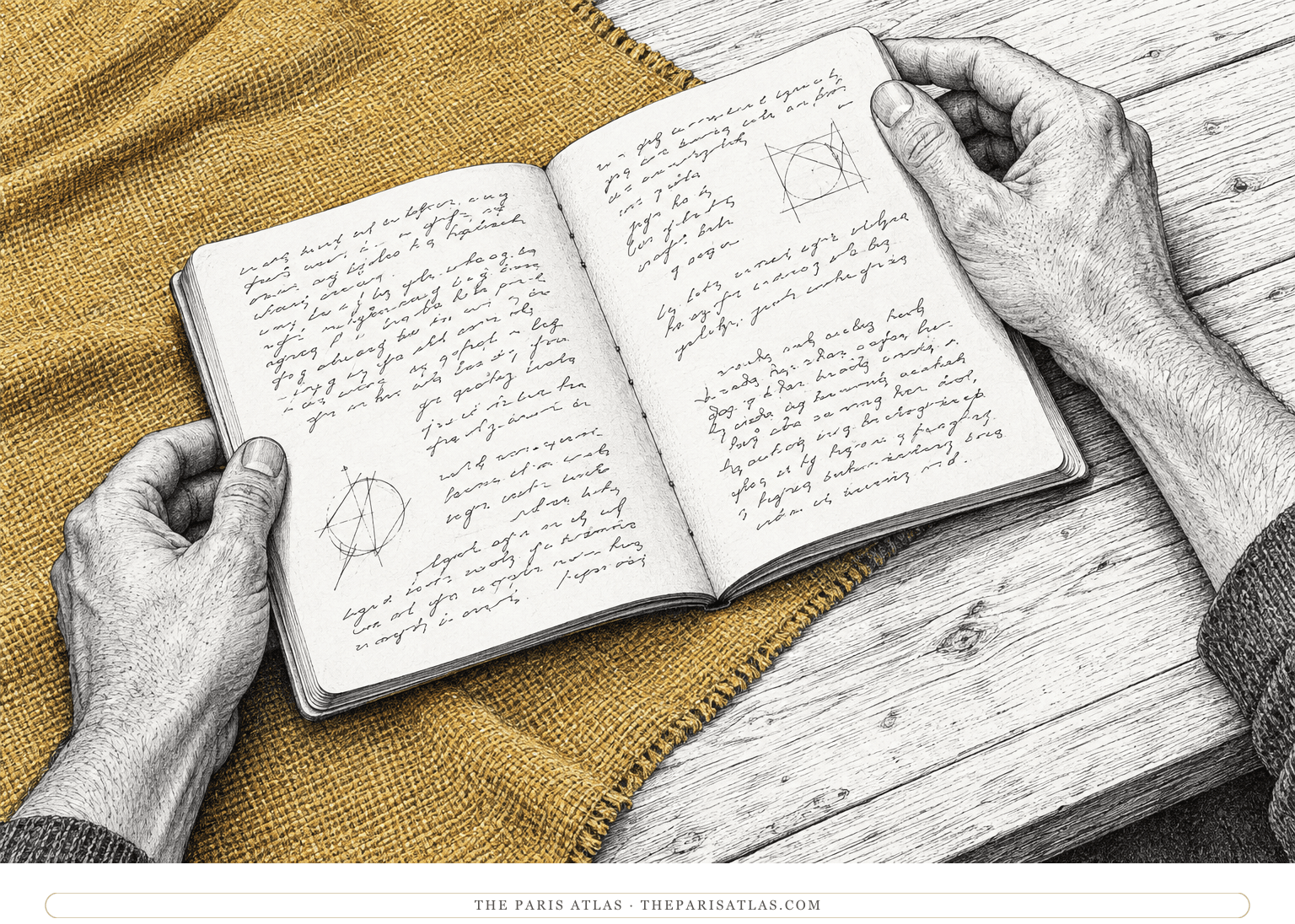 A reader turns an open softcover notebook on a cloth-covered table to follow pages facing different directions.