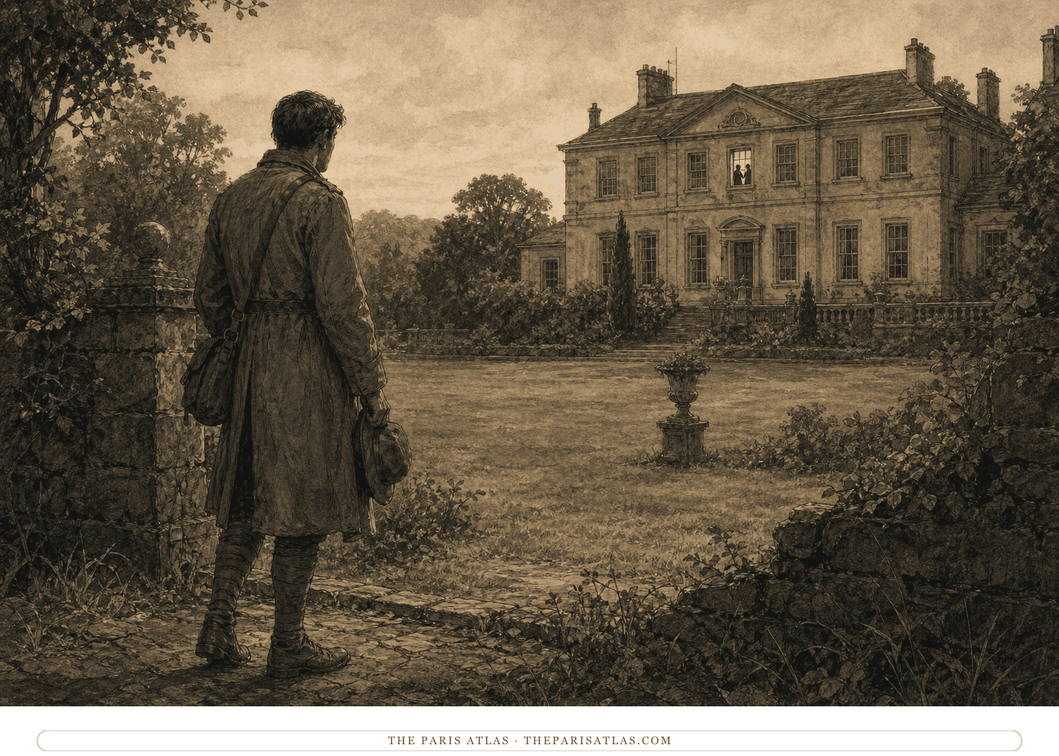 A First World War officer approaching a polished English country house while three women watch from different distances