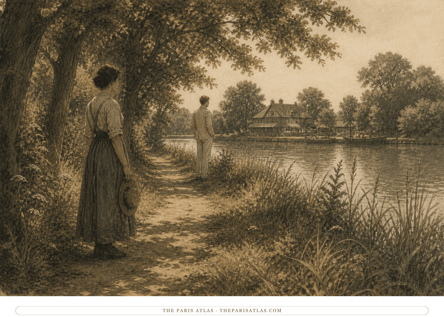 A quiet Thames island remembered in summer light, with two young figures separated by a path and water