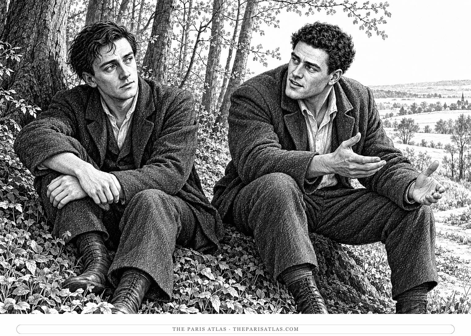 Ernst and Willy sit at the edge of a spring wood, talking beside small violet flowers.