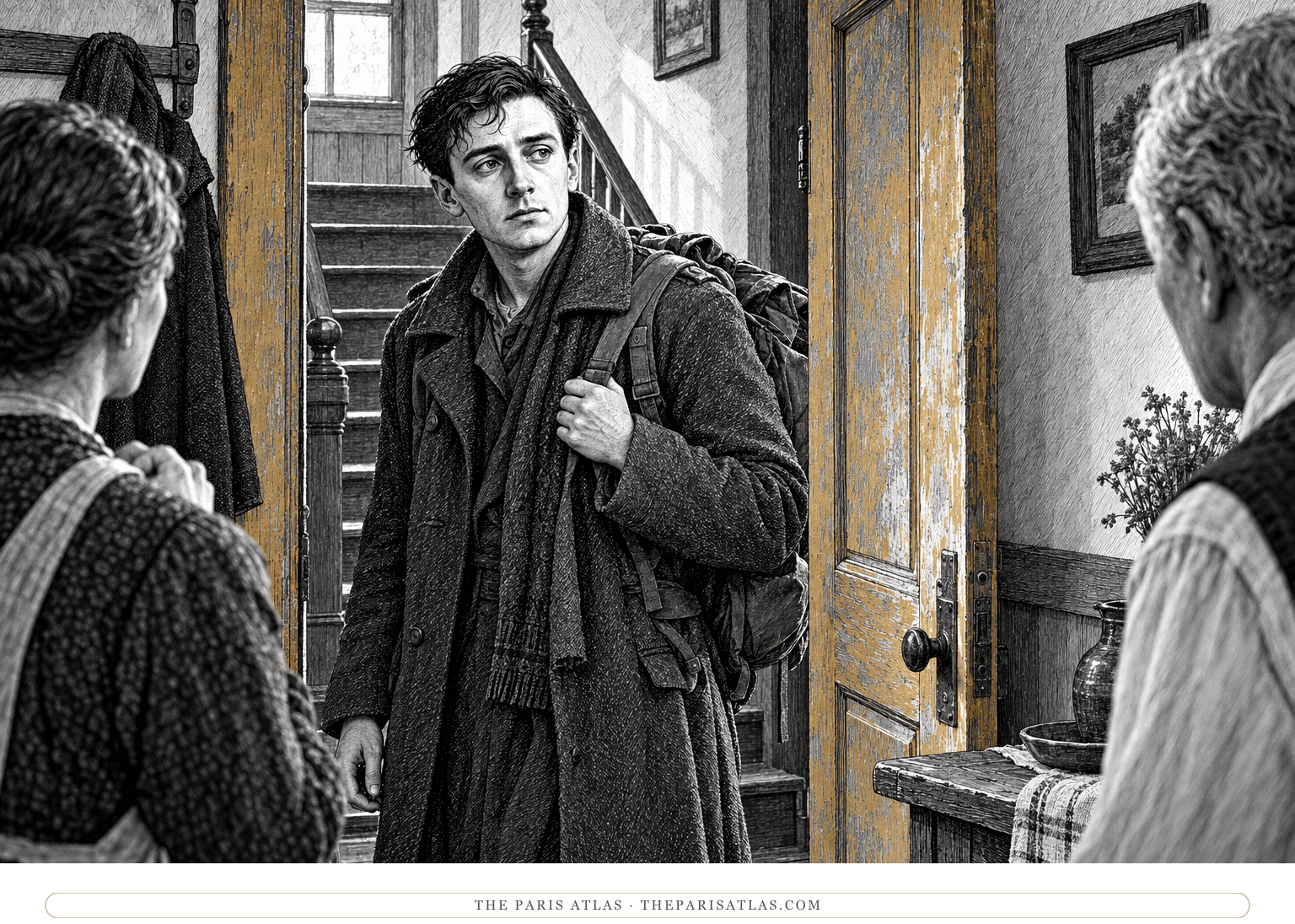 Ernst pauses at his family’s open doorway in a worn greatcoat, with the staircase behind him and ochre paint on the wooden frame.