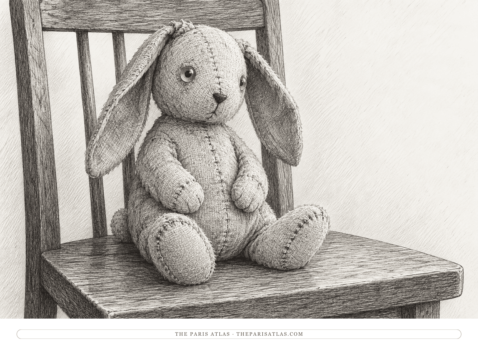 A cloth toy rabbit with visible stitched seams and pale pink glass-like eyes sits quietly on a wooden chair.