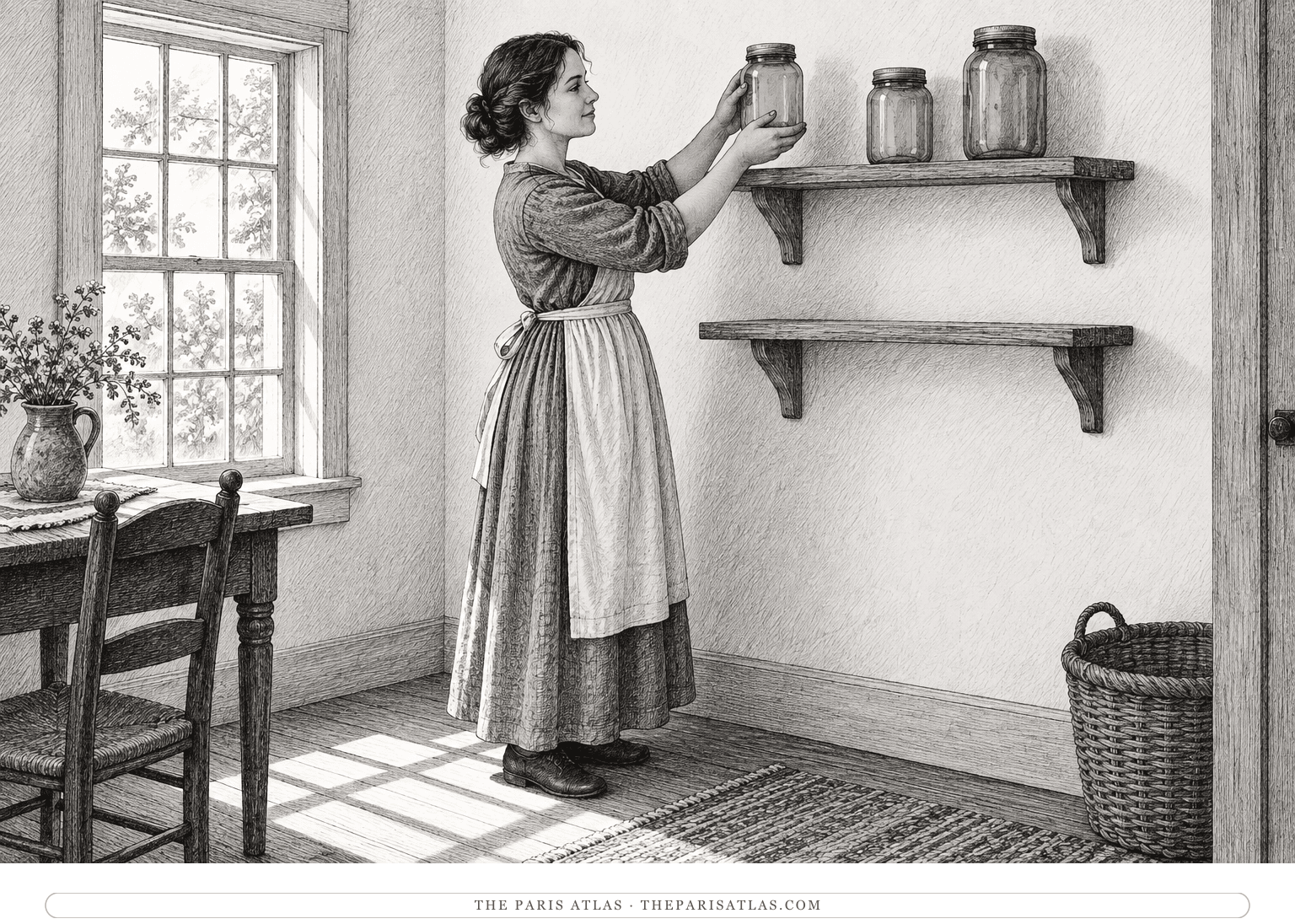 An imagined adult woman places a green glass jar on the upper of two shelves in a sunlit room.