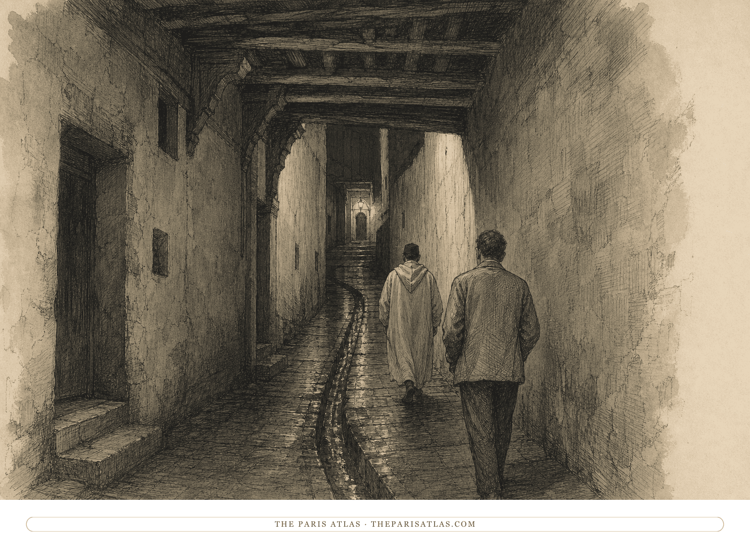 Pen-and-graphite illustration of two small figures walking through a steep covered alley in the Fez medina at night, with wet stone, timber beams, and a faint doorway lamp