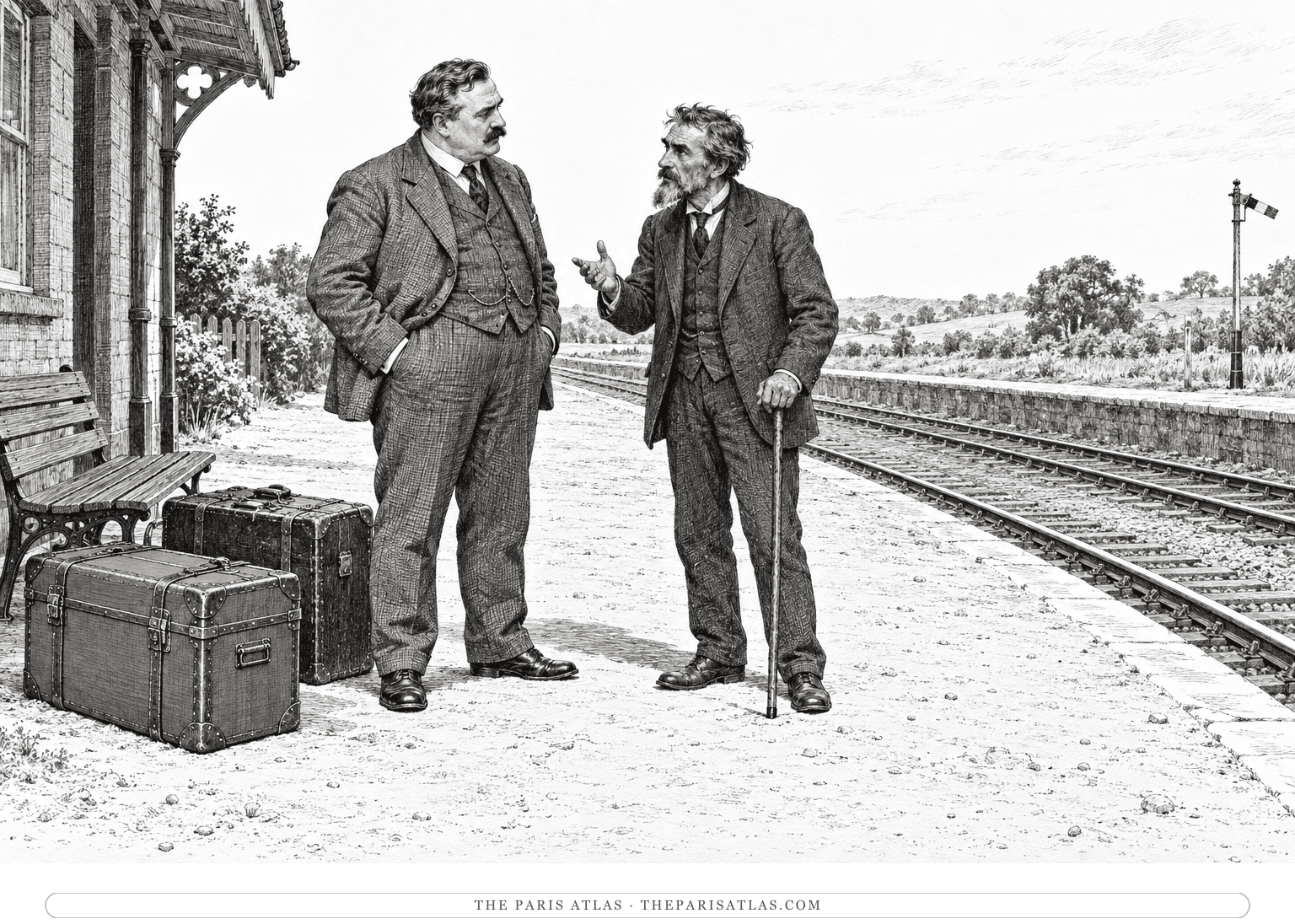 Bevan listens to the bearded Duguesclin, whose walking stick touches the sandy railway platform.