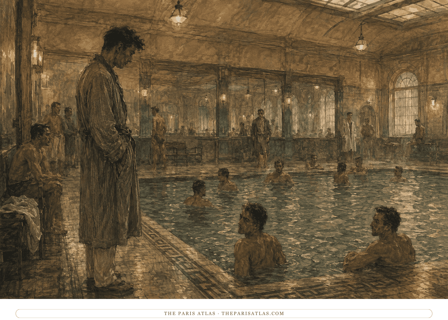Ink and muted watercolor illustration of an elegant indoor London swimming pool with adult swimmers and a young man helping an elderly man
