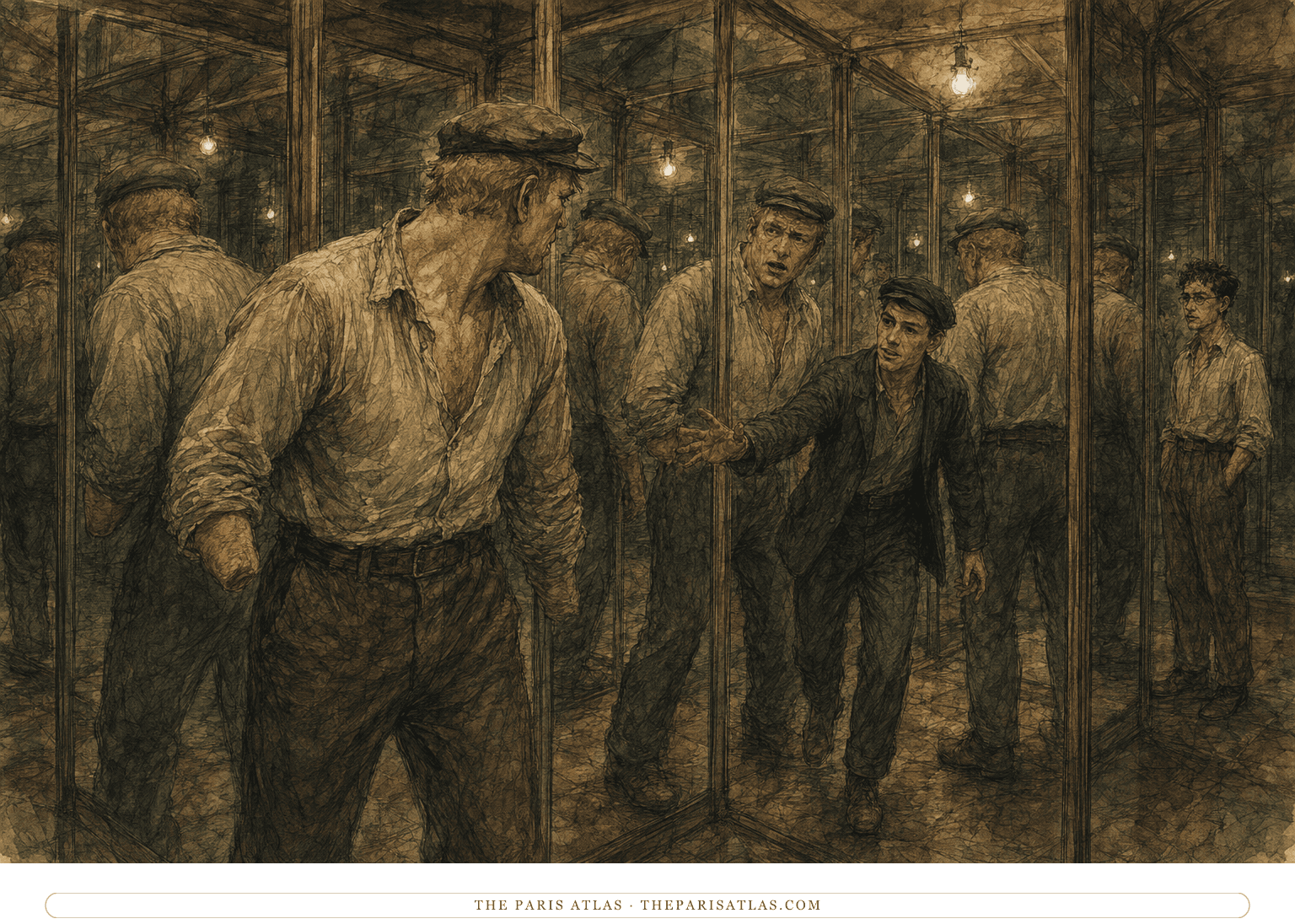 Ink-and-watercolor illustration inside a dim 1930s fairground mirror maze where a large one-handed man turns among fractured reflections as a younger man reaches toward him and an observer watches from the edge