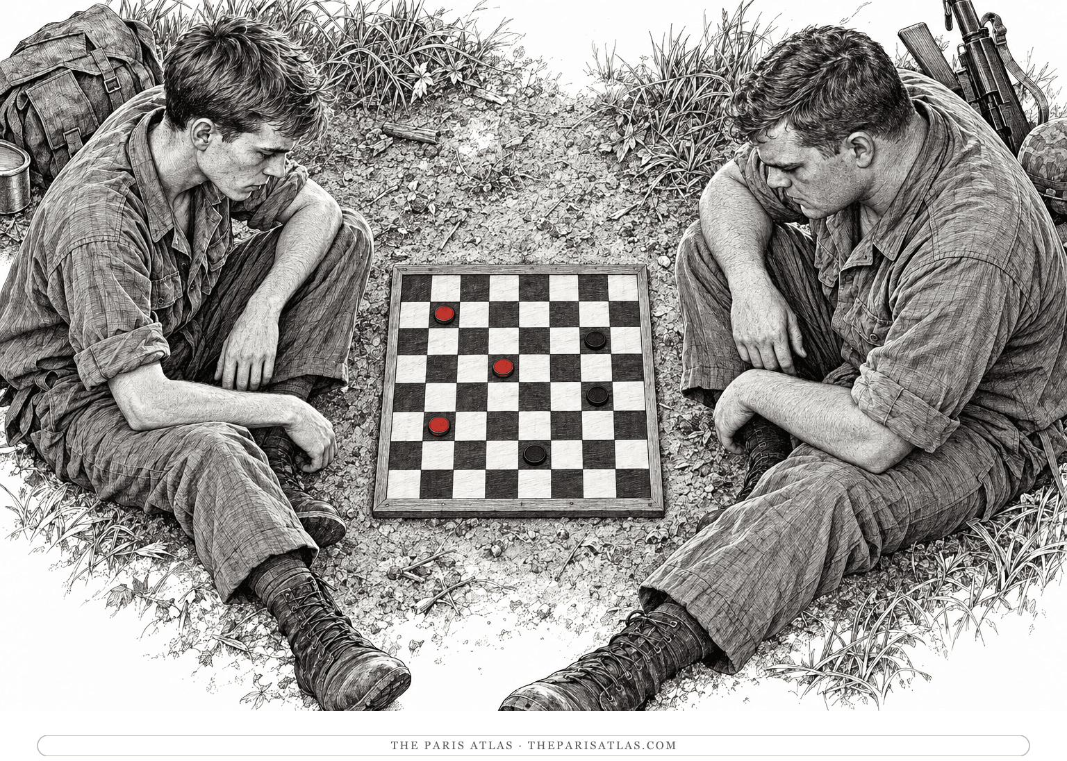 Norman Bowker and Henry Dobbins sit across a checkerboard before dark.