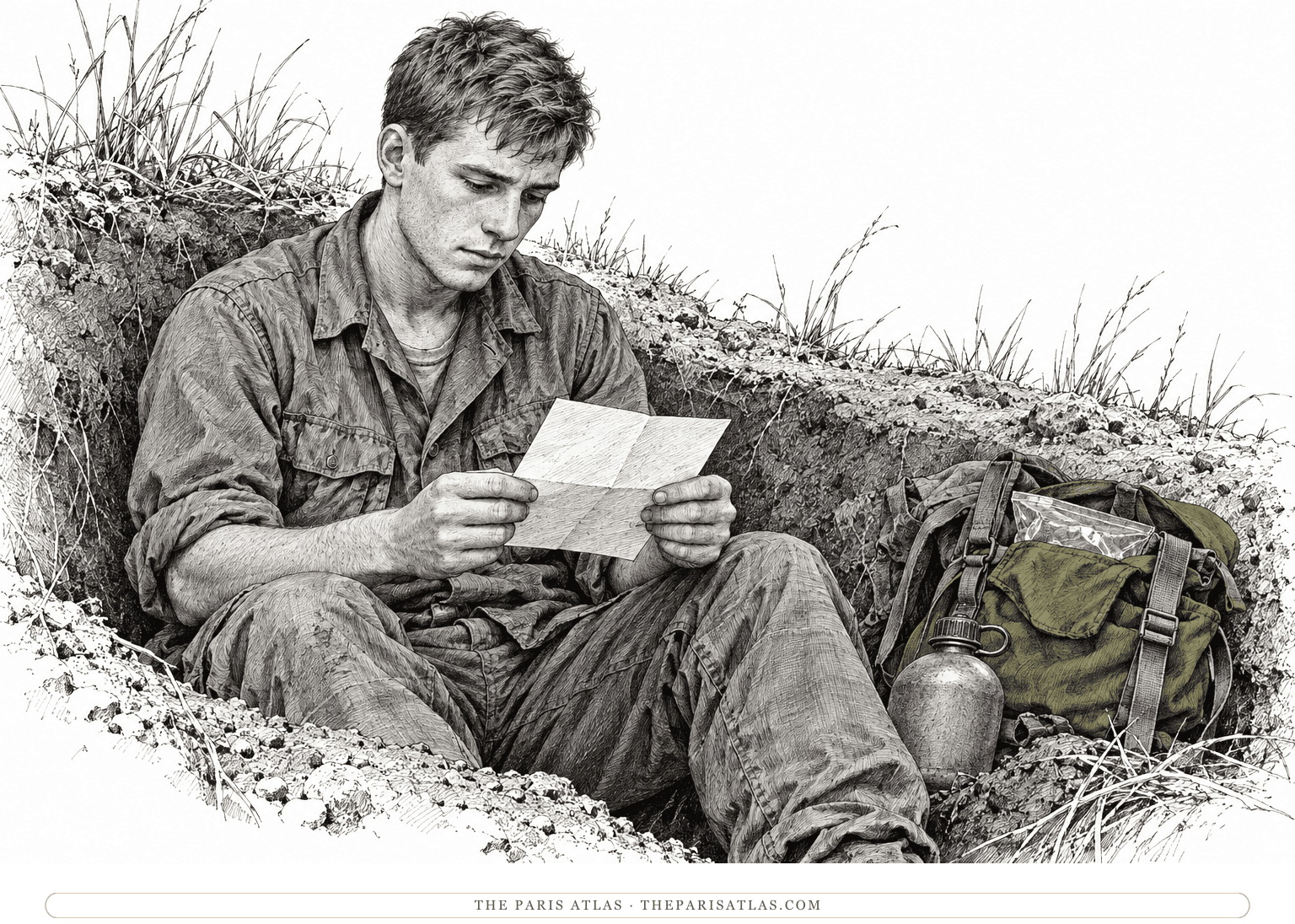 Jimmy Cross reads a letter beside his rucksack.