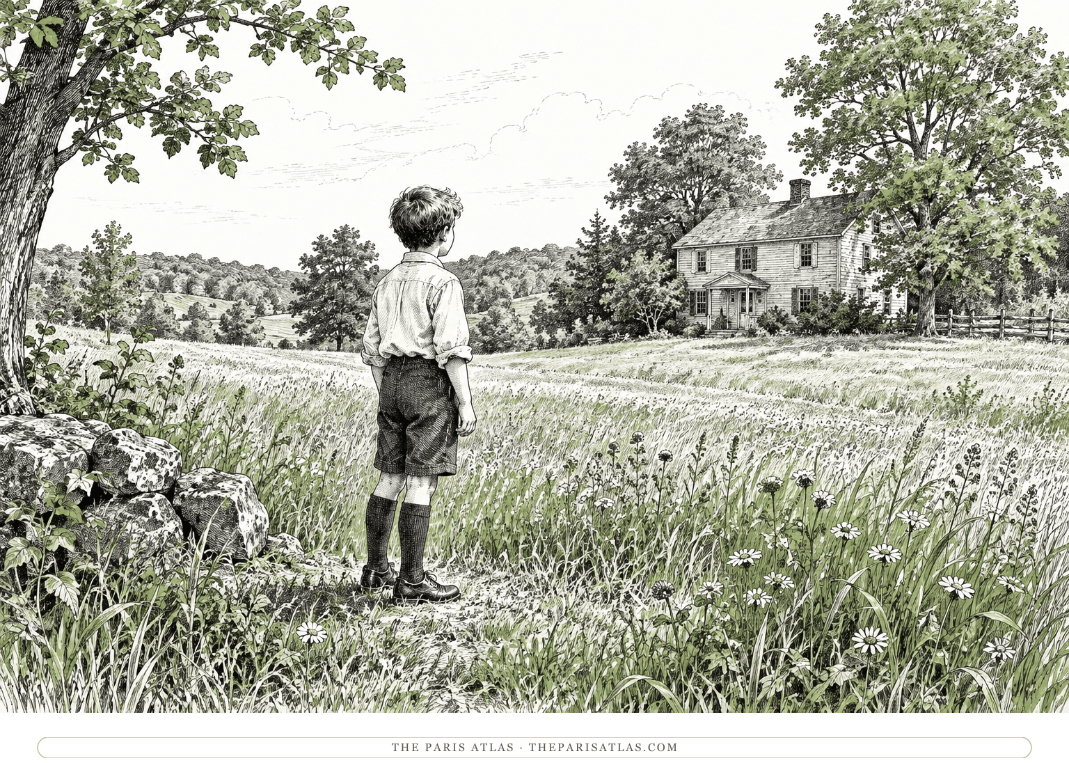 A young boy looks across a summer meadow toward an old farmhouse beneath leafy trees, evoking Donald’s remembered world in The Frozen Fields.