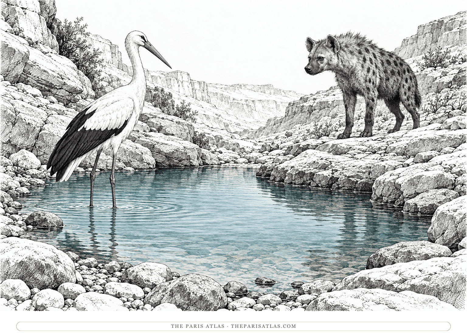 A stork stands in a shallow pool while a hyena watches from the rocky bank, in an imagined scene from The Hyena.