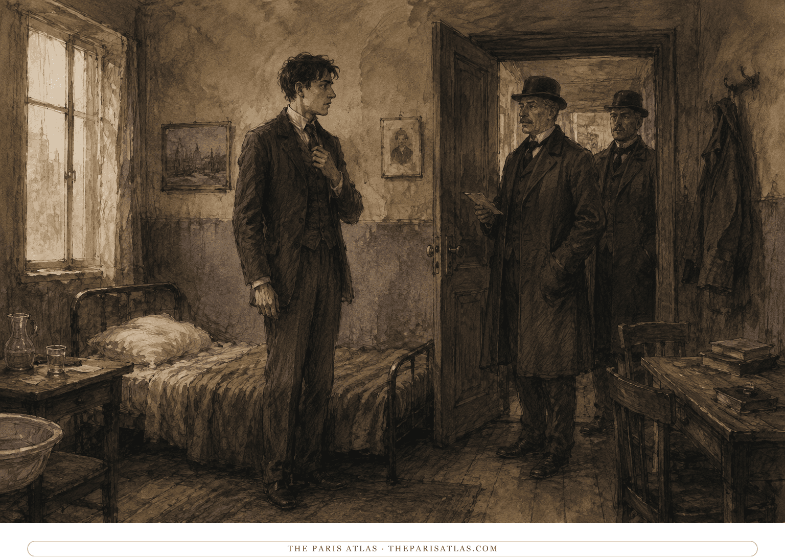 Josef K. stands beside his bed while two warders announce his unexplained arrest
