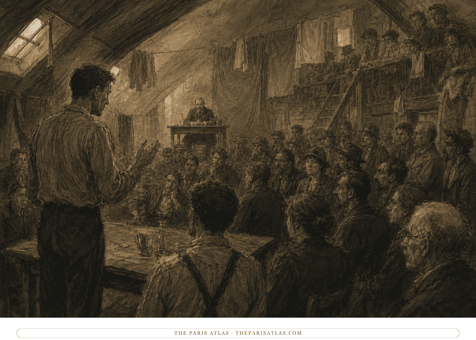 Josef K. addresses a crowded court hearing held inside a cramped apartment attic