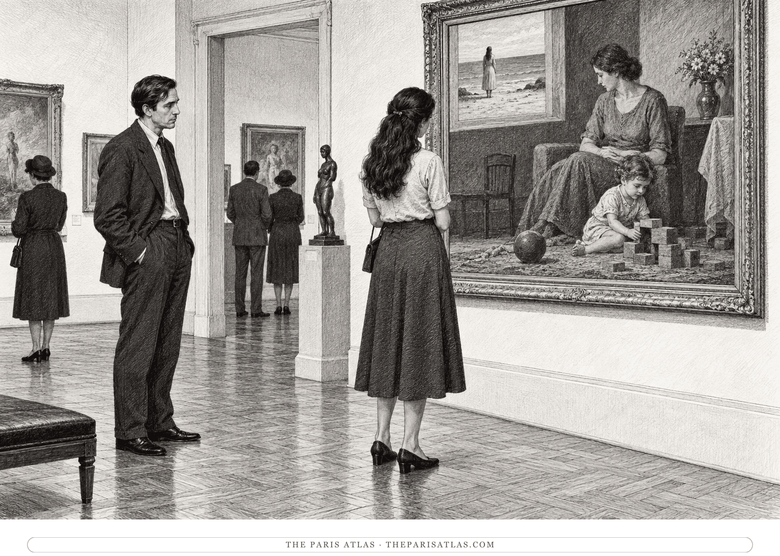 María studies a small sea-facing window within Castel’s painting while the painter watches from nearby in the gallery.