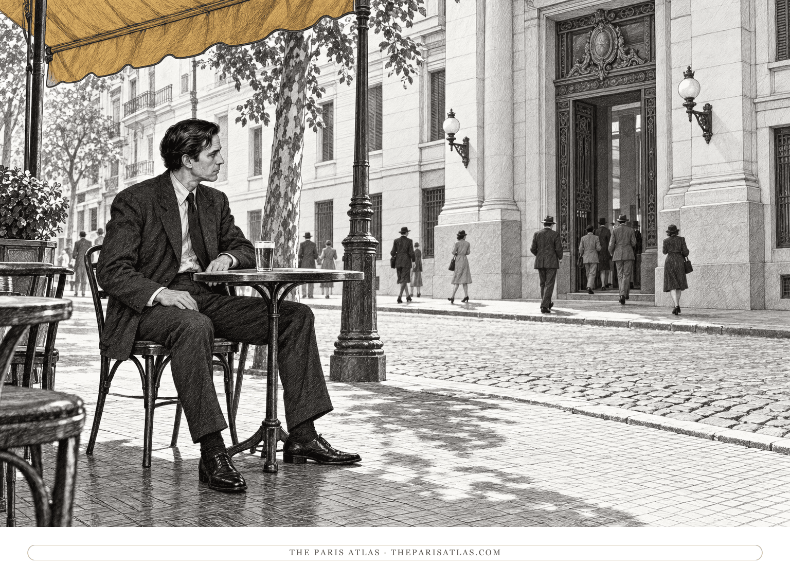 Castel sits alone outside a corner café with a glass of beer, watching an office entrance across the street.