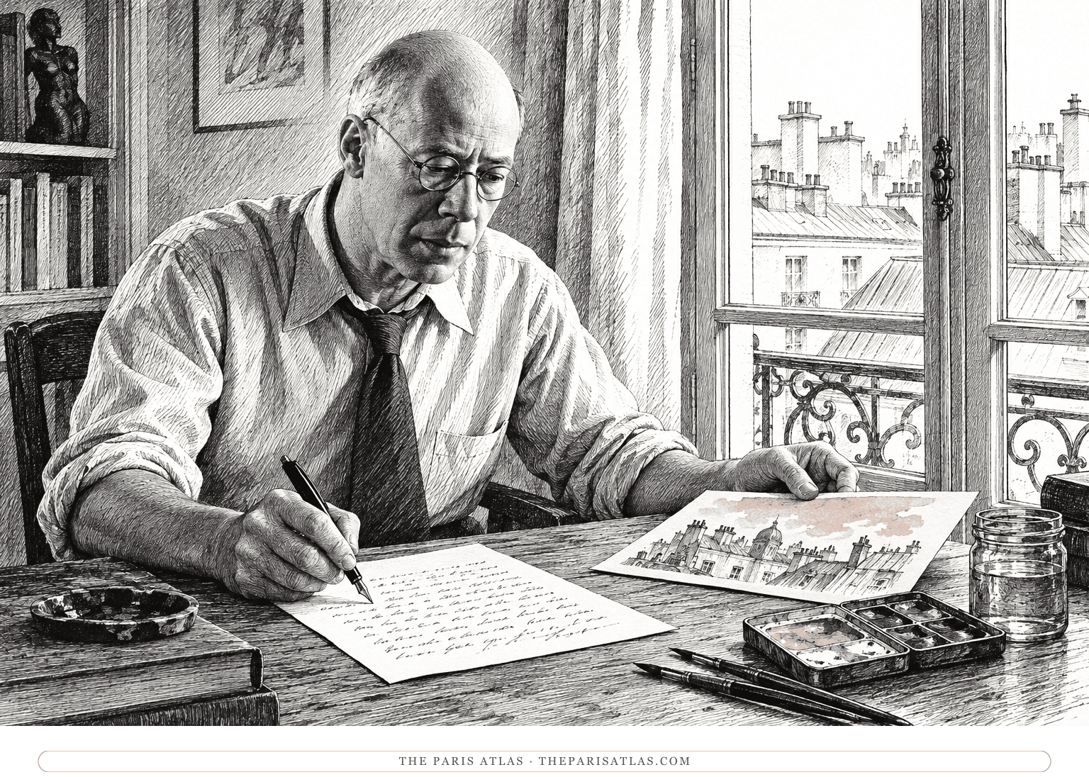 Henry Miller pauses over a handwritten art-letter beside a small watercolor in a modest Paris room.