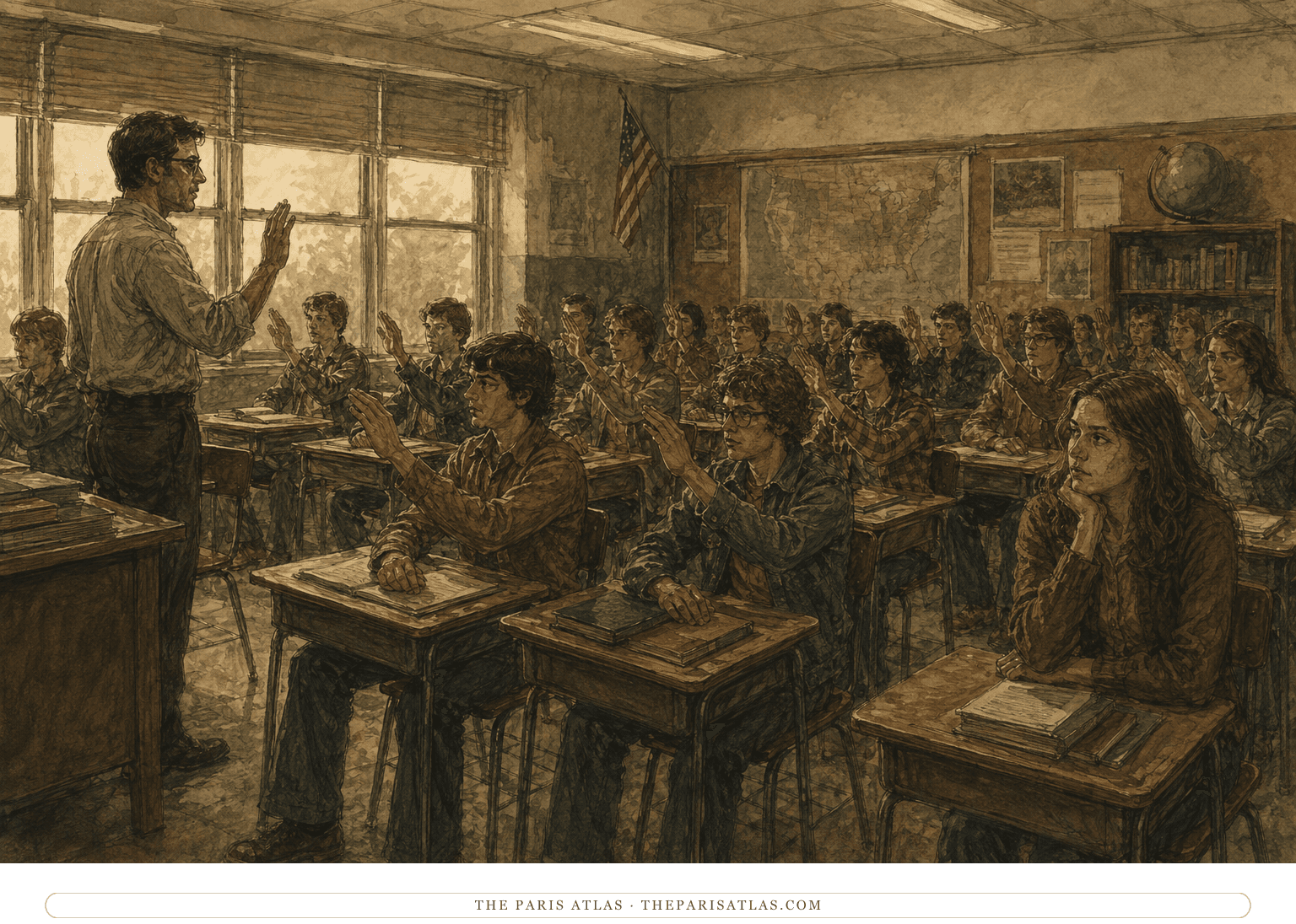 Students adopt identical posture and gestures in Ben Ross's late-1970s history classroom while Laurie watches critically