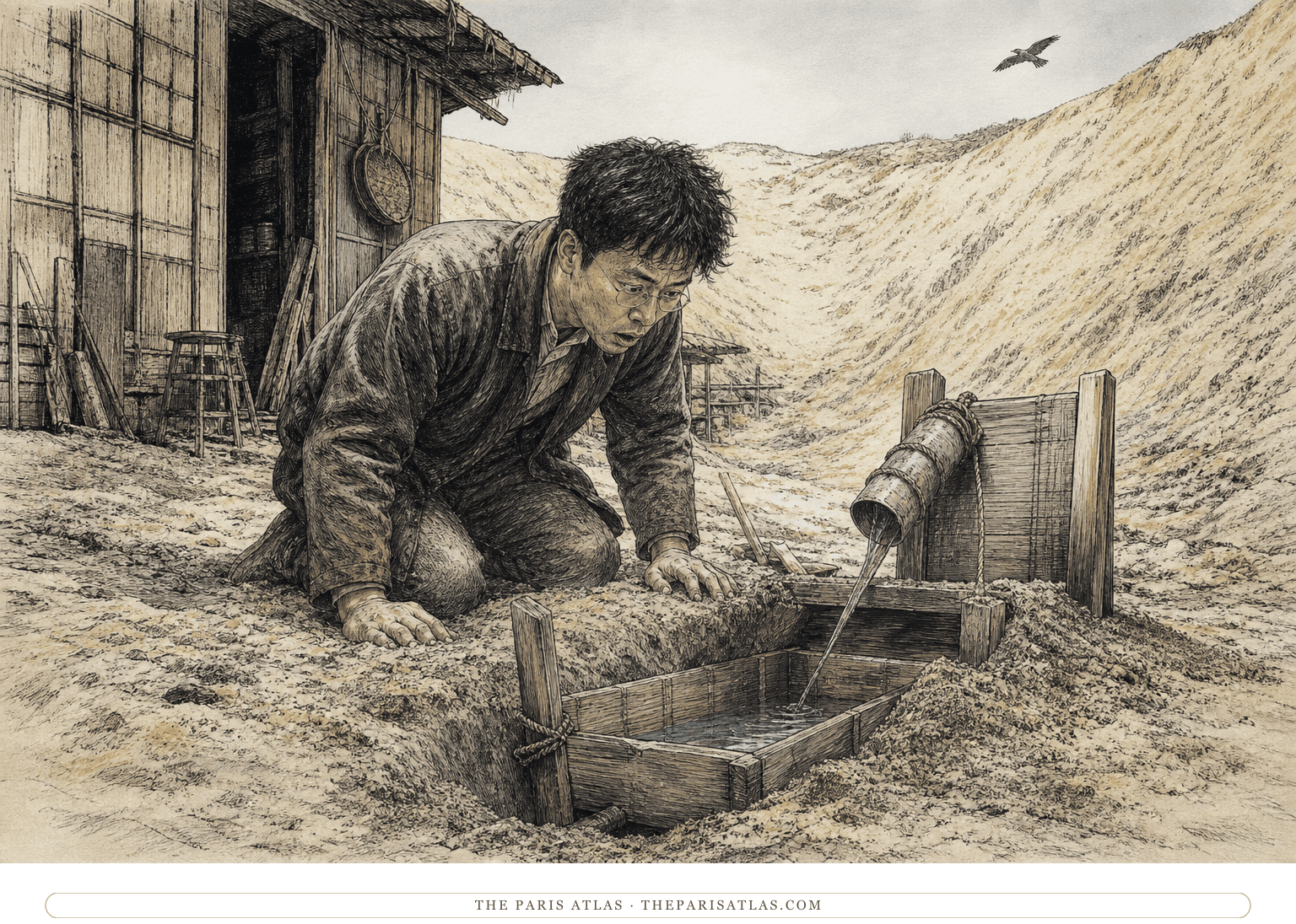 Jumpei kneels beside a simple wooden device that has collected a small amount of water from damp sand near the house.