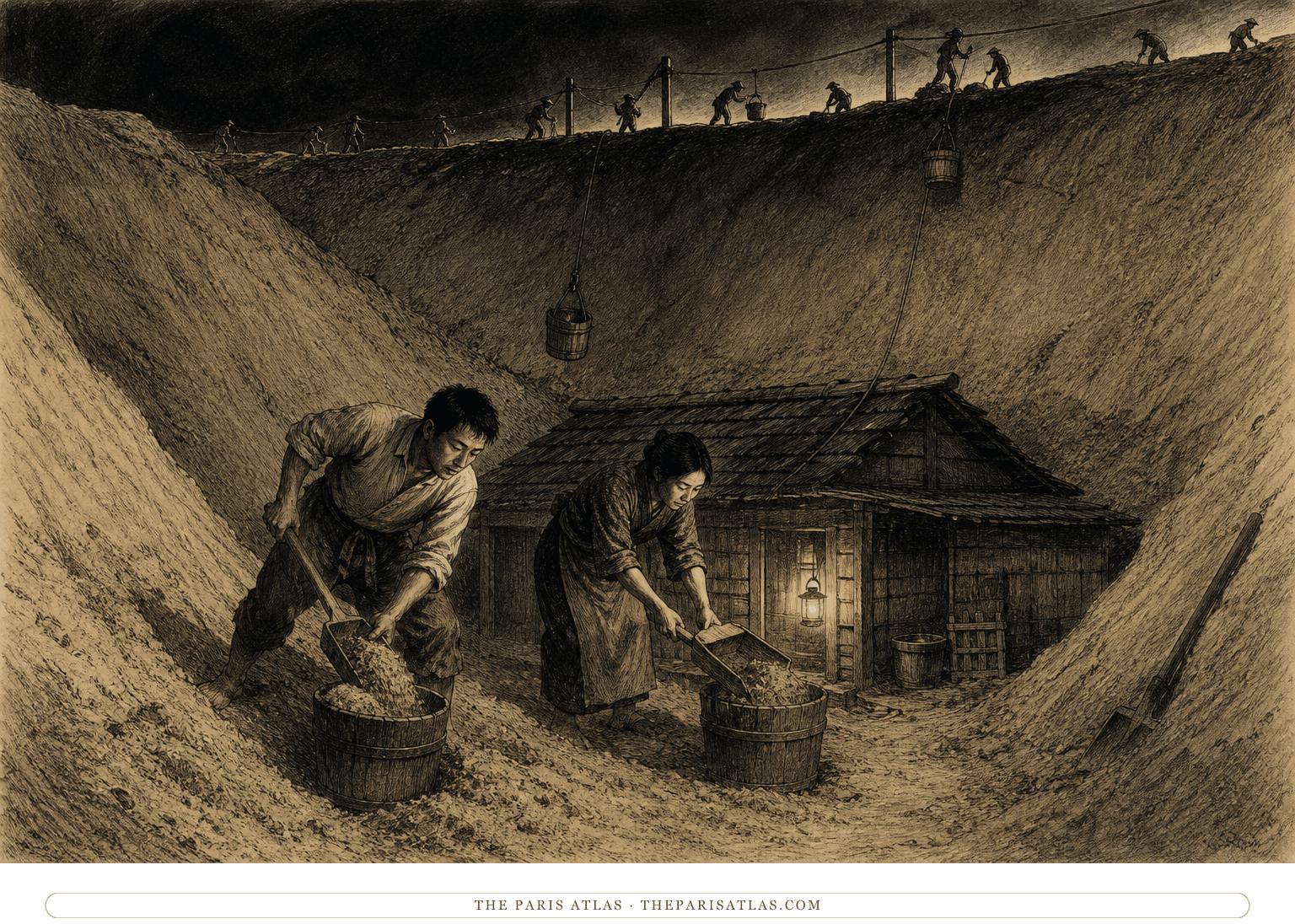 Jumpei and the woman shovel sand into buckets at the bottom of a deep pit while villagers haul buckets from the rim at night.