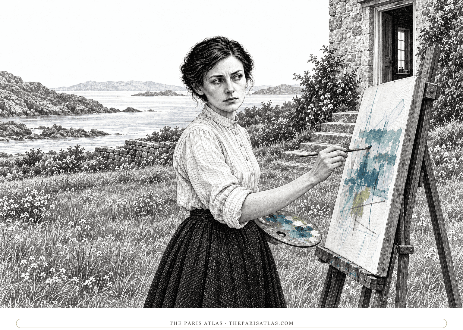 Lily Briscoe finishes a line on her canvas on the lawn outside the Ramsays' house.