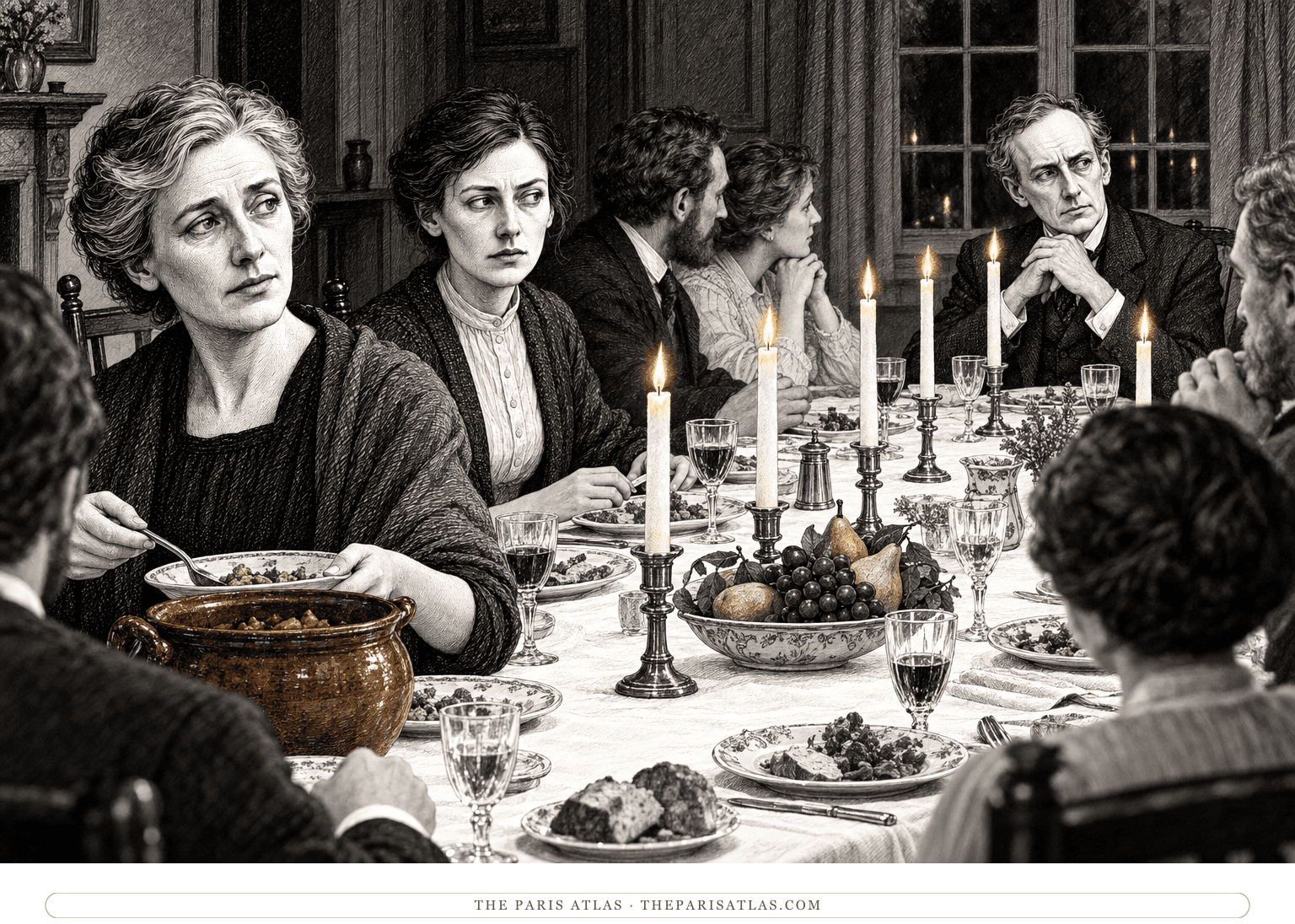 Mrs. Ramsay presides over a candlelit dinner, with Lily Briscoe among the guests and Mr. Ramsay at the far end.