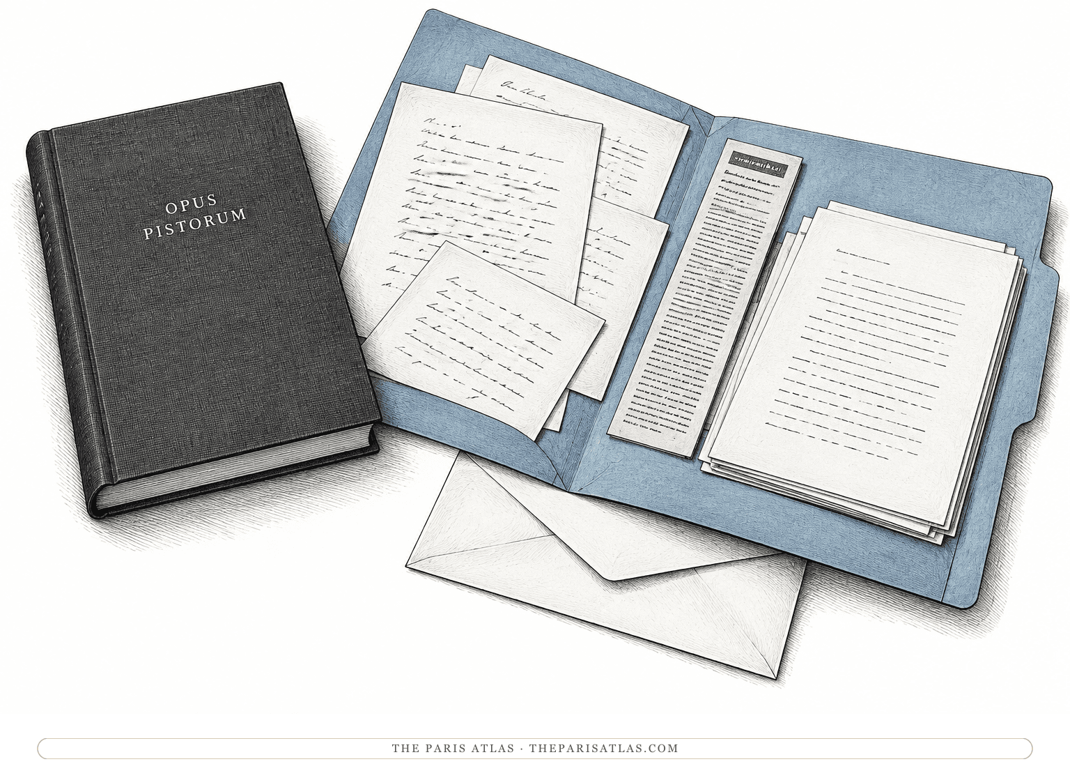 A clothbound volume labeled Opus Pistorum rests beside an open archival folder containing letters, review clippings and typescript pages.