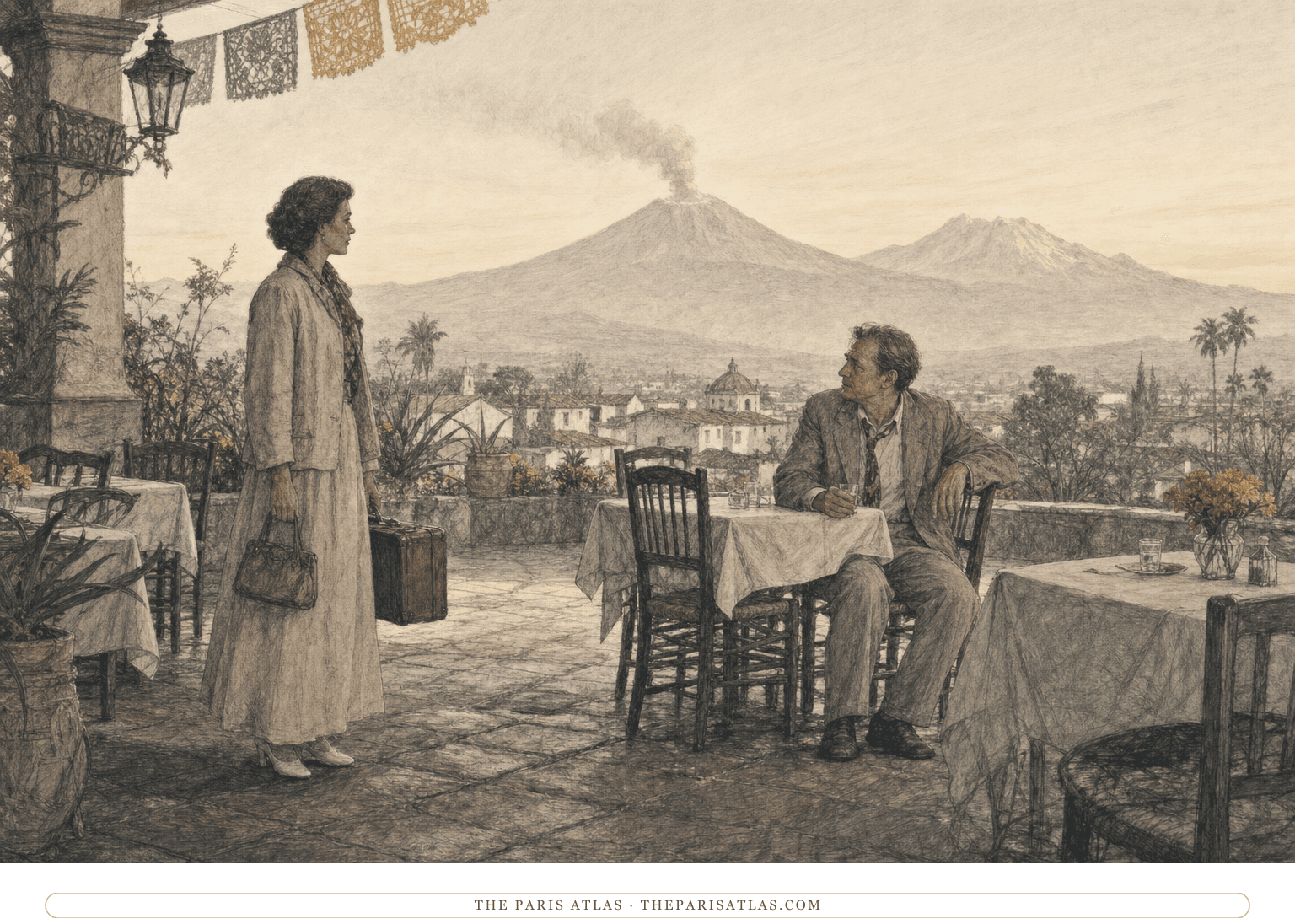 Pen-and-graphite illustration of Yvonne meeting Geoffrey at dawn in a 1938 Mexican hotel courtyard with two volcanoes beyond the town