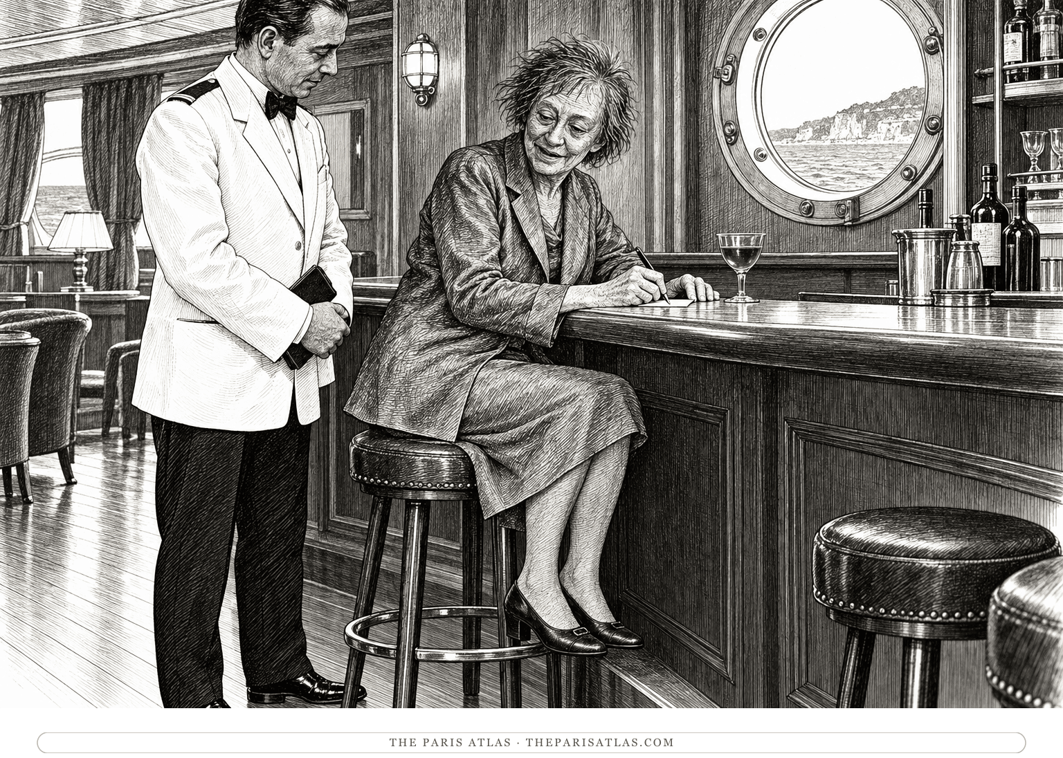 Mrs. Rainmantle signs a drinks chit in a ship's bar as a steward waits beside her.