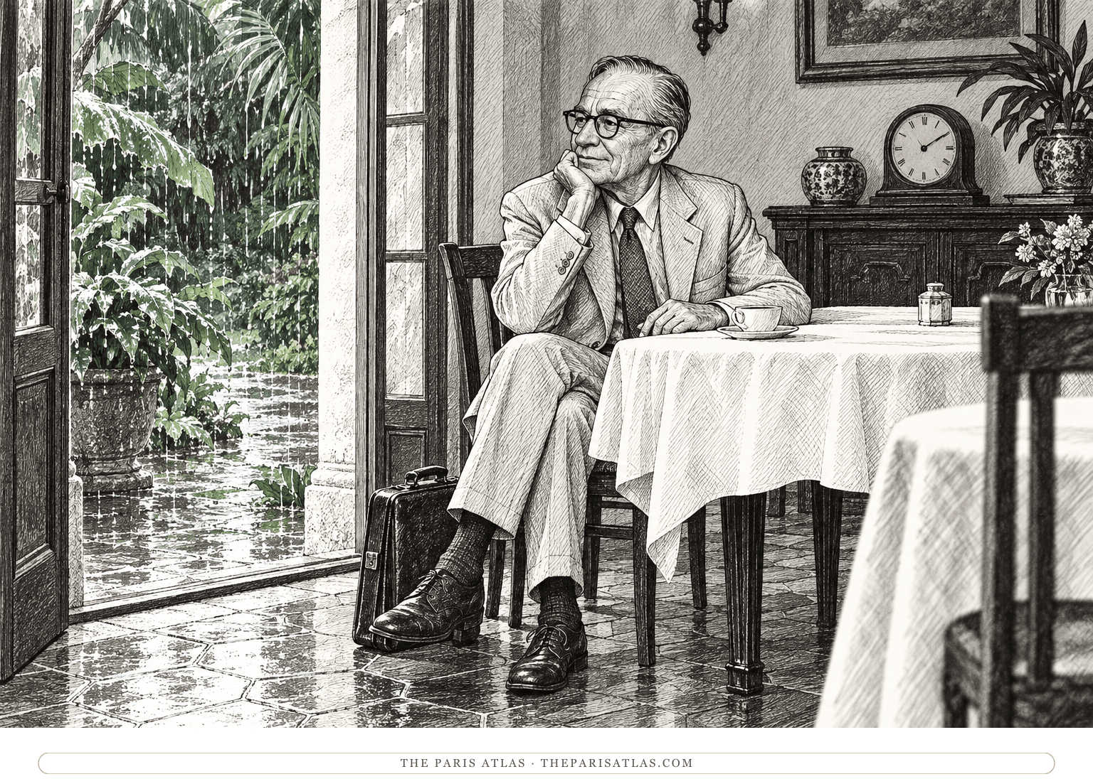 Dr. Taylor Slade waits at a hotel breakfast table, looking toward a rain-wet garden beneath a loudly ticking clock.